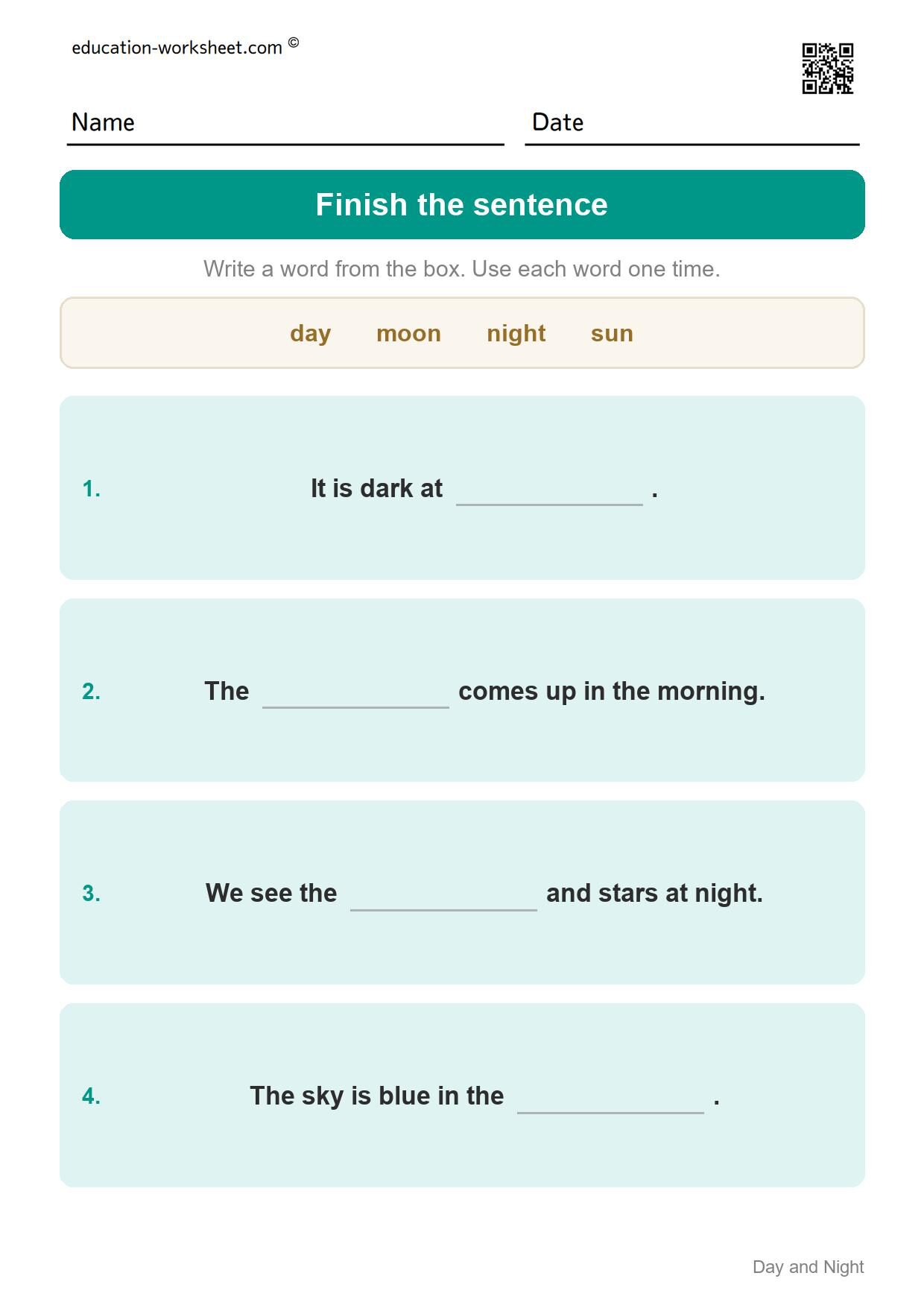 Finish the day and night sentence (Set 12) - Free Day and Night Worksheets for Kindergarten - Science