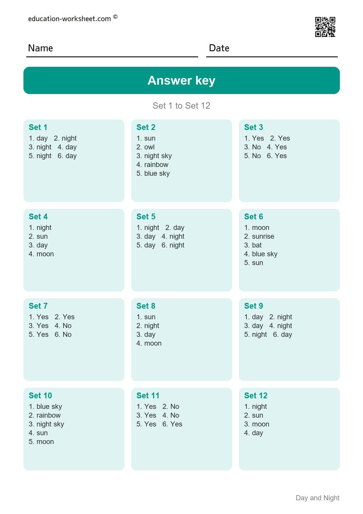 Answer key - Free Day and Night Worksheets for Kindergarten - Science