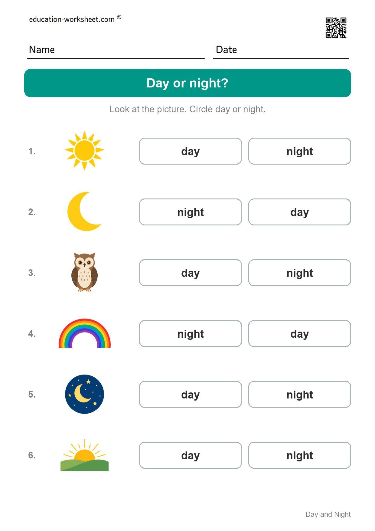 Day or night? (Set 1) - Free Day and Night Worksheets for Kindergarten - Science