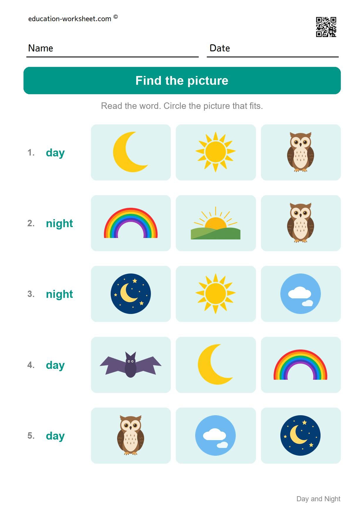Find the day or night picture (Set 2) - Free Day and Night Worksheets for Kindergarten - Science