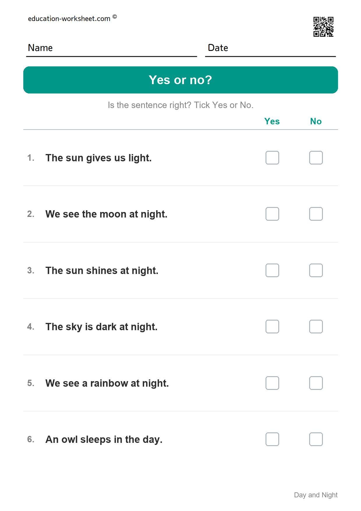 Yes or no? (Set 3) - Free Day and Night Worksheets for Kindergarten - Science