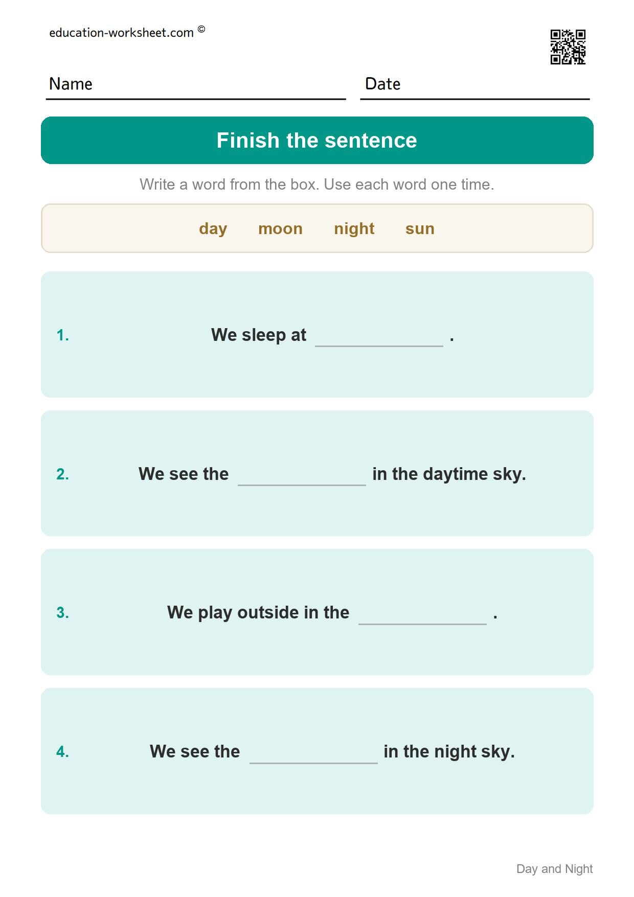 Finish the day and night sentence (Set 4) - Free Day and Night Worksheets for Kindergarten - Science