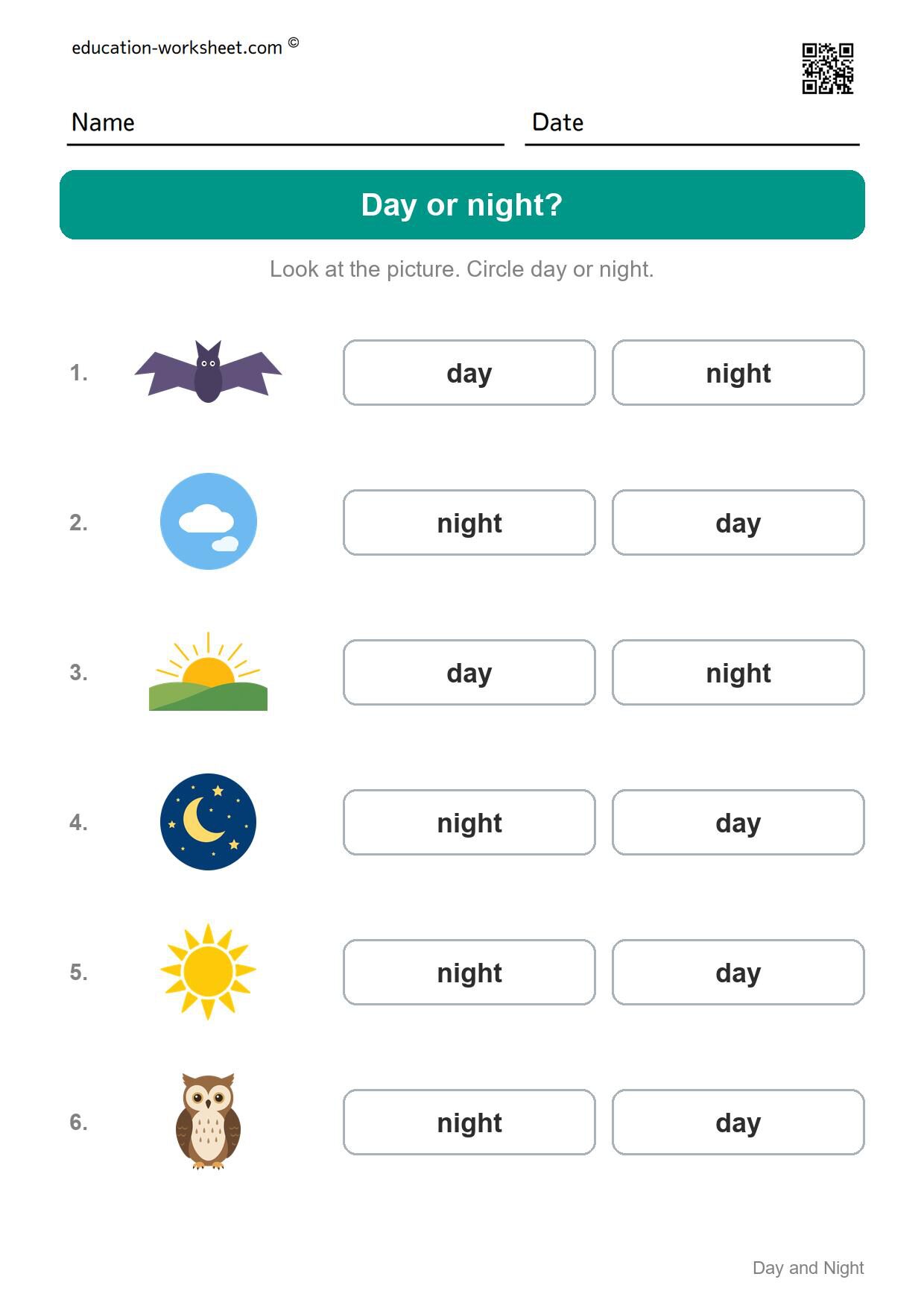 Day or night? (Set 5) - Free Day and Night Worksheets for Kindergarten - Science