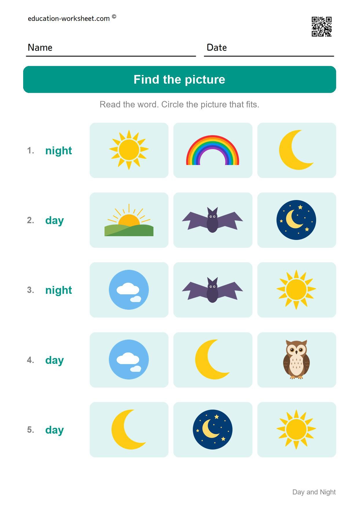 Find the day or night picture (Set 6) - Free Day and Night Worksheets for Kindergarten - Science