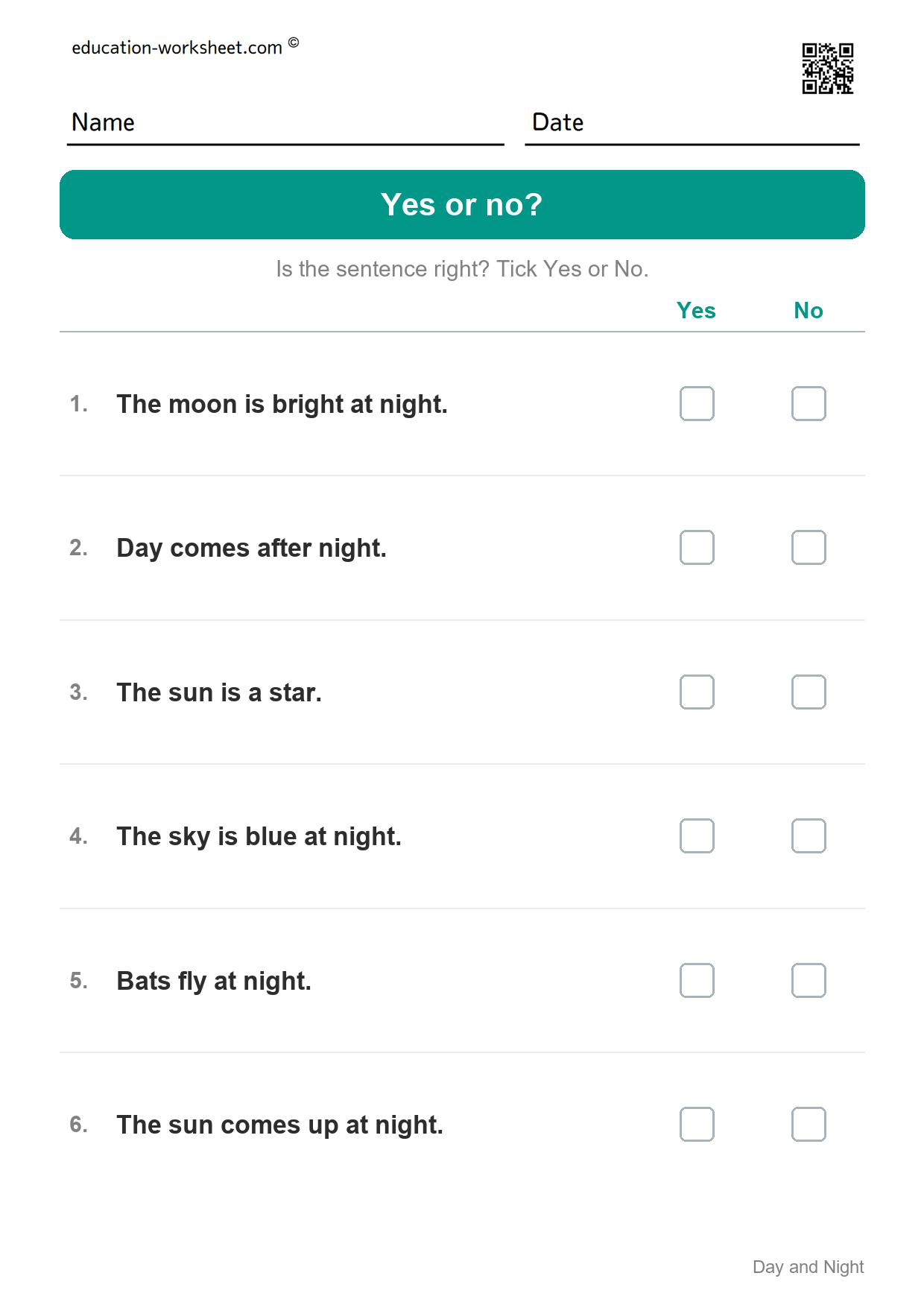 Yes or no? (Set 7) - Free Day and Night Worksheets for Kindergarten - Science