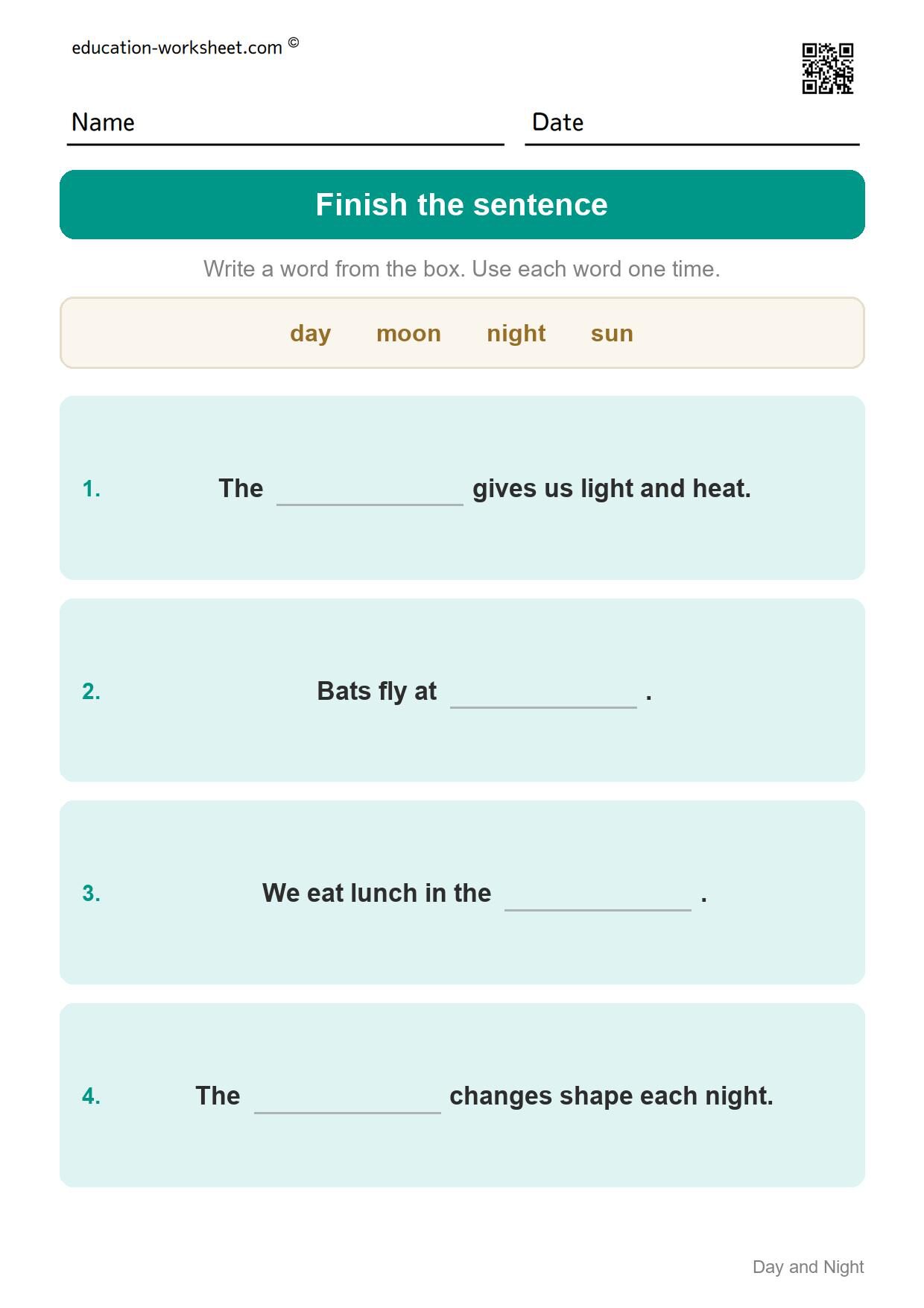Finish the day and night sentence (Set 8) - Free Day and Night Worksheets for Kindergarten - Science