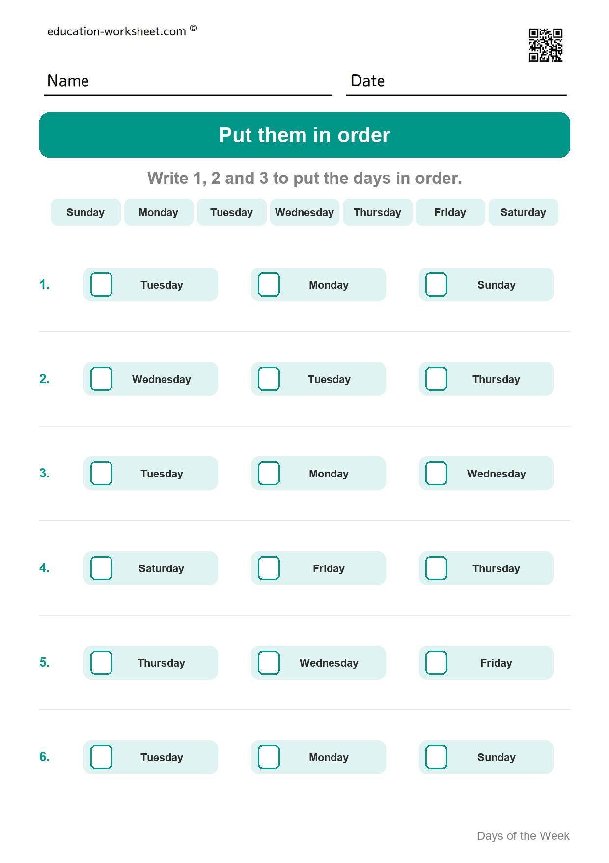 Put them in order (Set 9) - Free Days of the Week Worksheets for Kindergarten