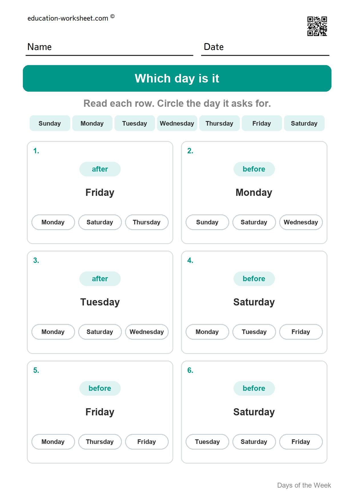 Which day is it (Set 10) - Free Days of the Week Worksheets for Kindergarten