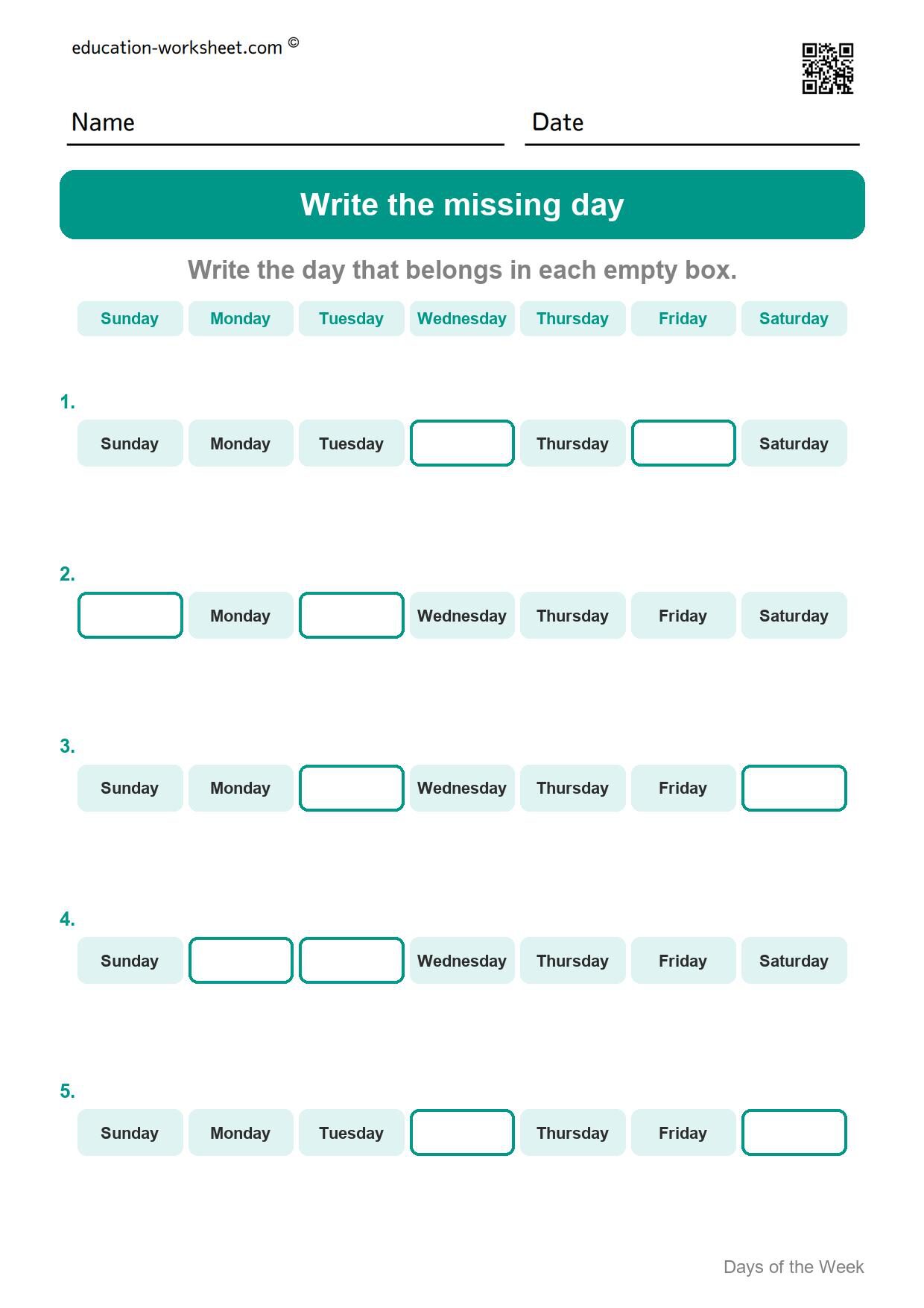 Write the missing day (Set 11) - Free Days of the Week Worksheets for Kindergarten