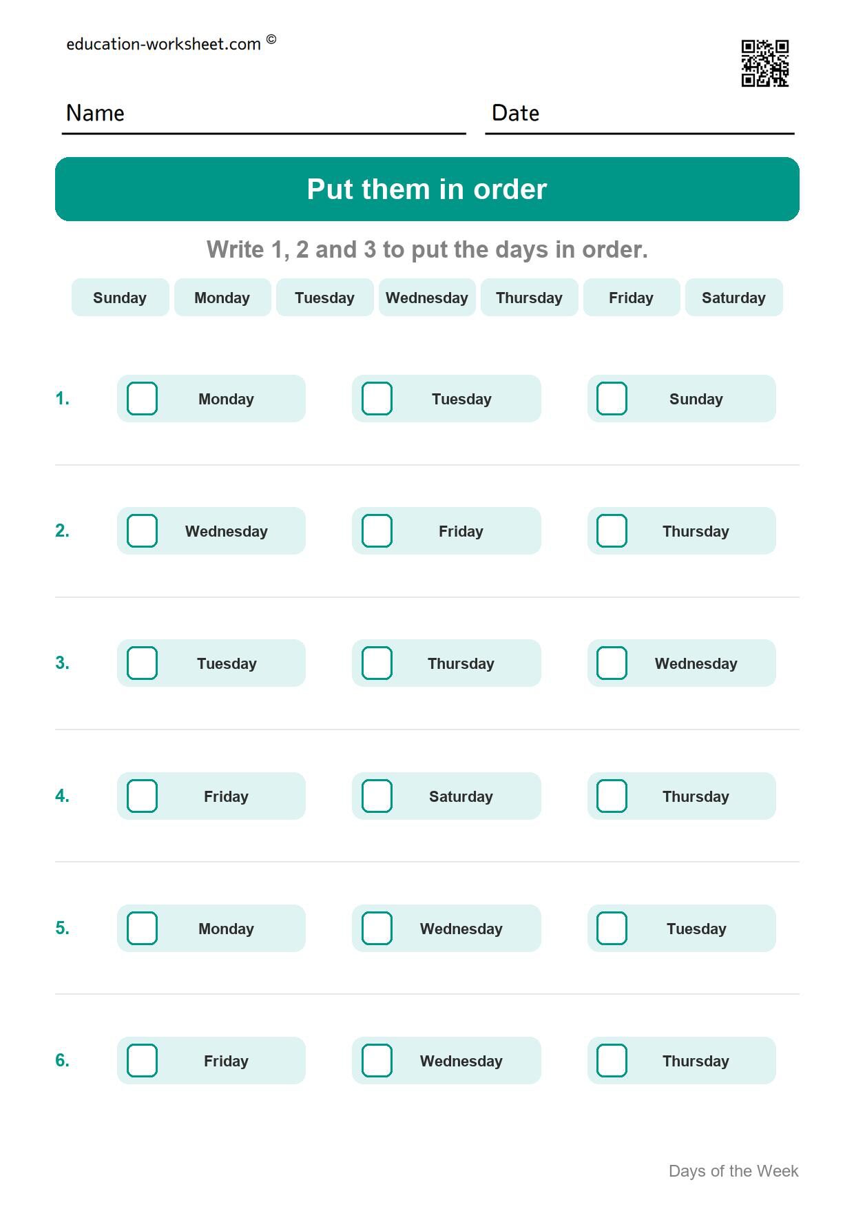 Put them in order (Set 12) - Free Days of the Week Worksheets for Kindergarten