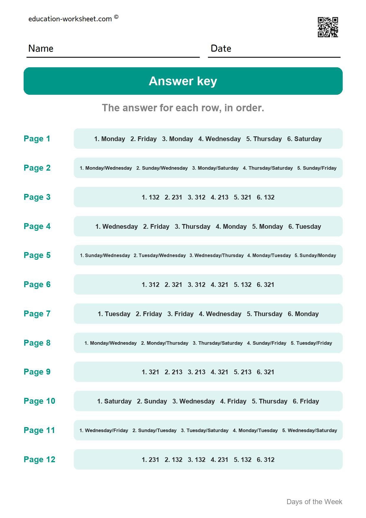Answer key - all 12 pages - Free Days of the Week Worksheets for Kindergarten