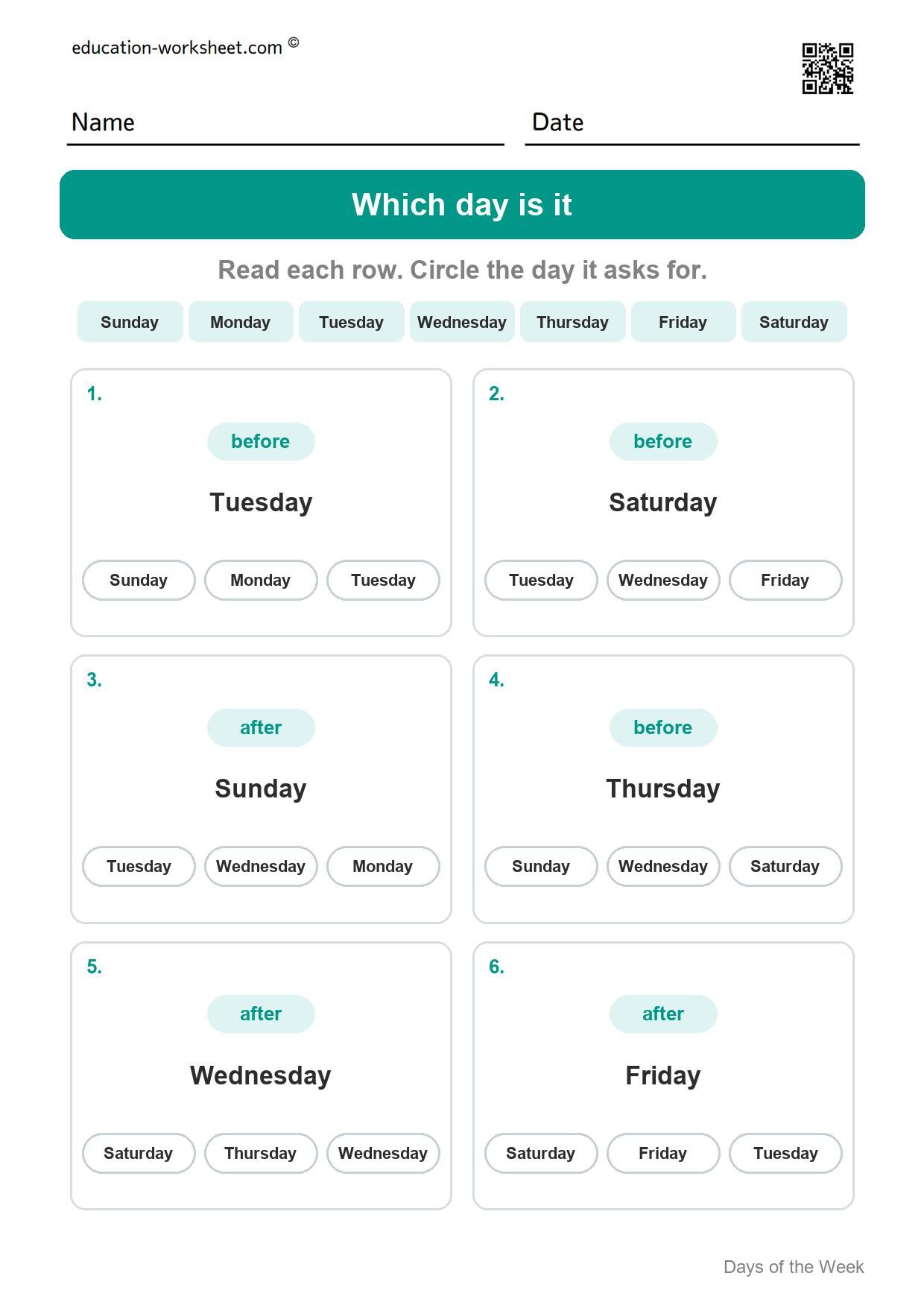 Which day is it (Set 1) - Free Days of the Week Worksheets for Kindergarten