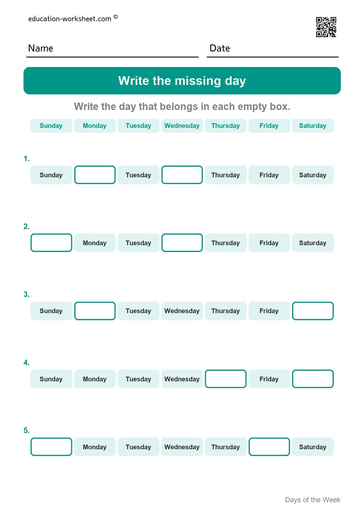 Write the missing day (Set 2) - Free Days of the Week Worksheets for Kindergarten
