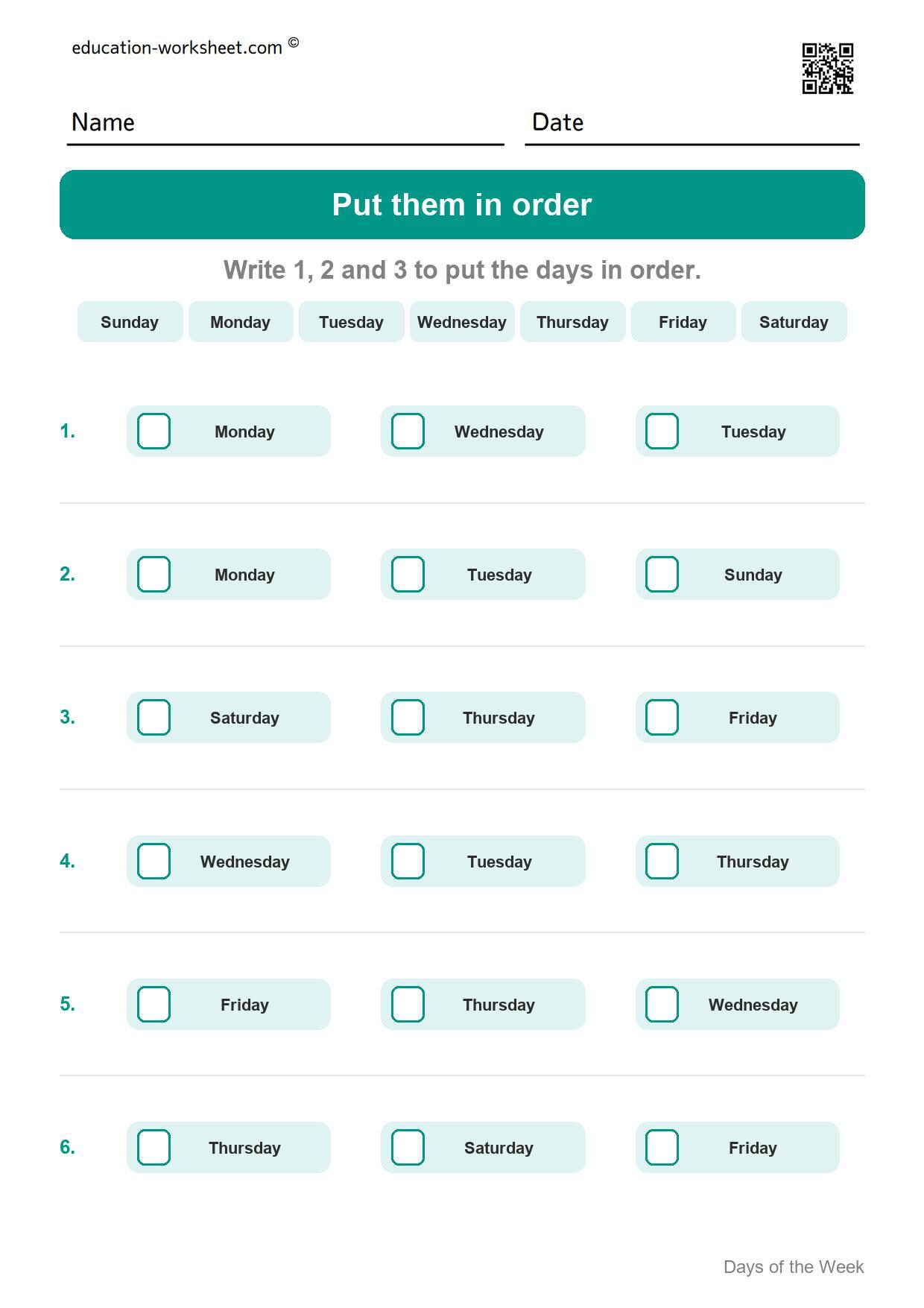 Put them in order (Set 3) - Free Days of the Week Worksheets for Kindergarten
