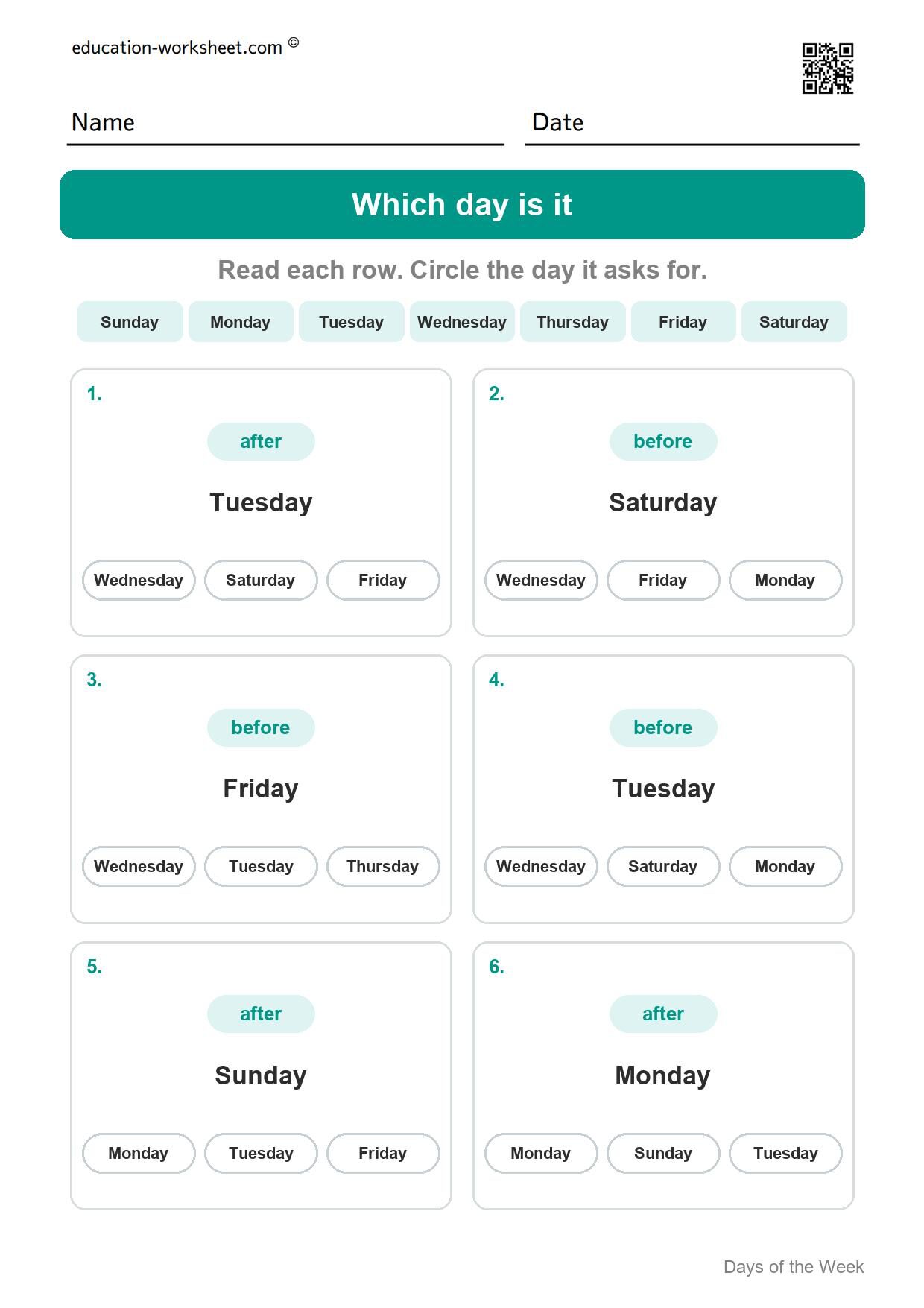 Which day is it (Set 4) - Free Days of the Week Worksheets for Kindergarten