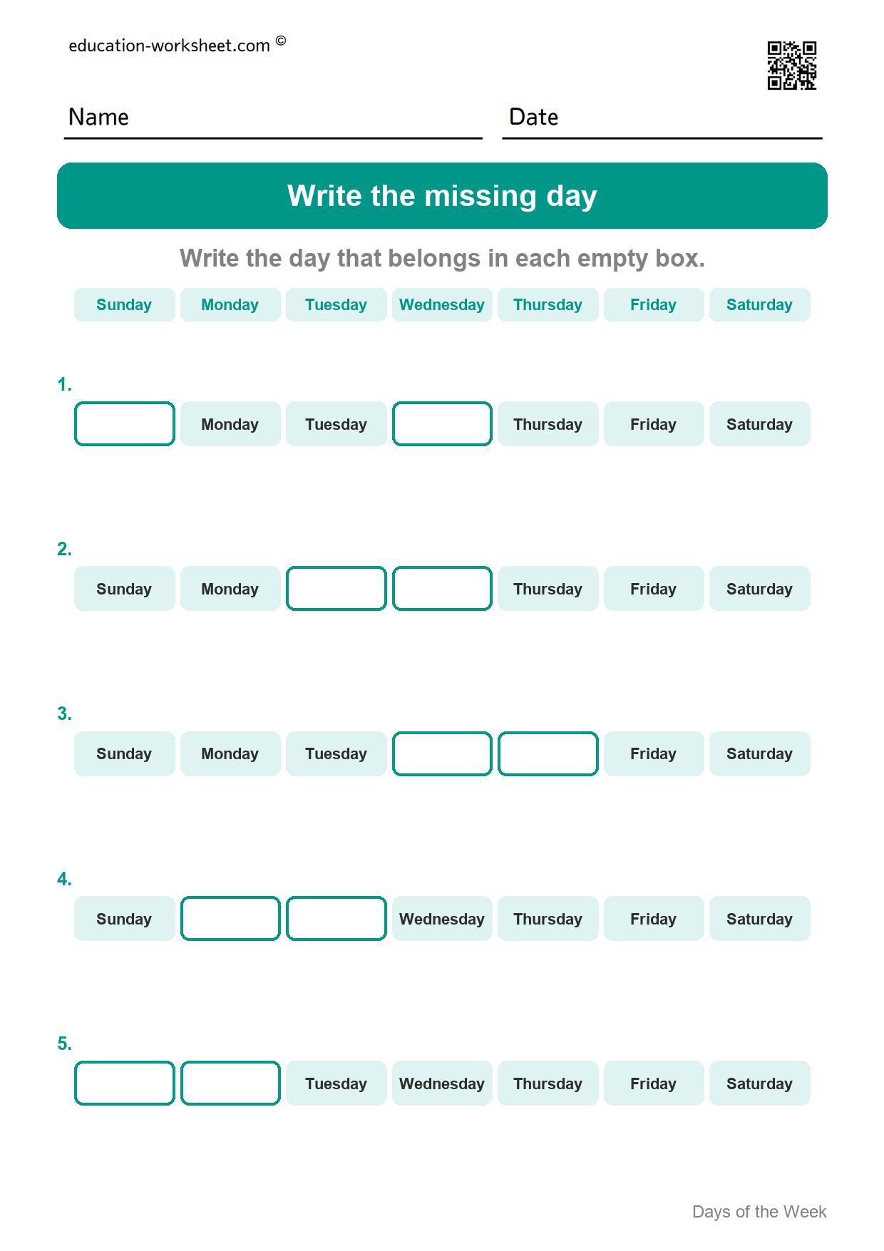 Write the missing day (Set 5) - Free Days of the Week Worksheets for Kindergarten