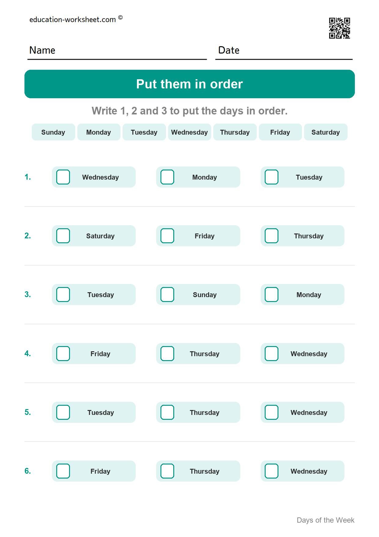 Put them in order (Set 6) - Free Days of the Week Worksheets for Kindergarten