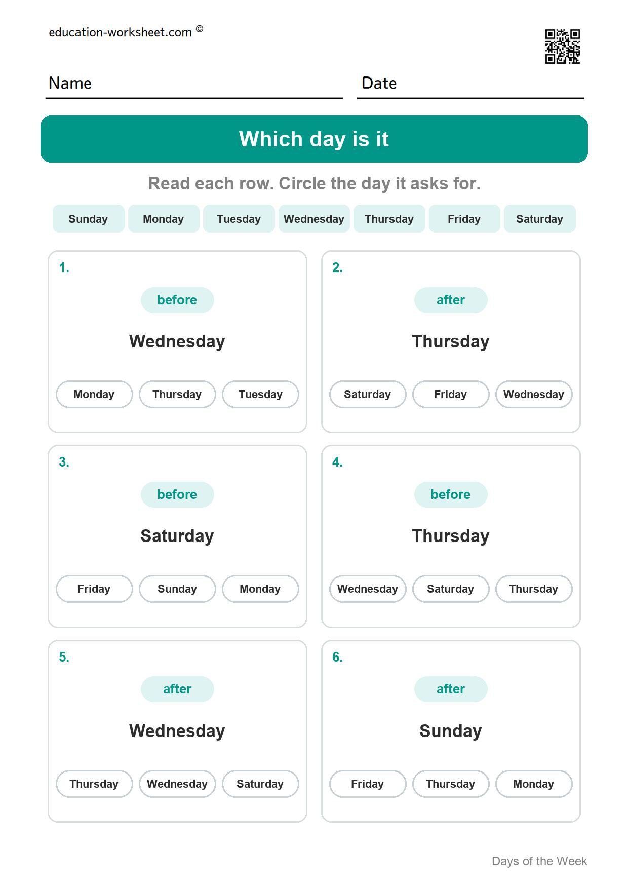 Which day is it (Set 7) - Free Days of the Week Worksheets for Kindergarten