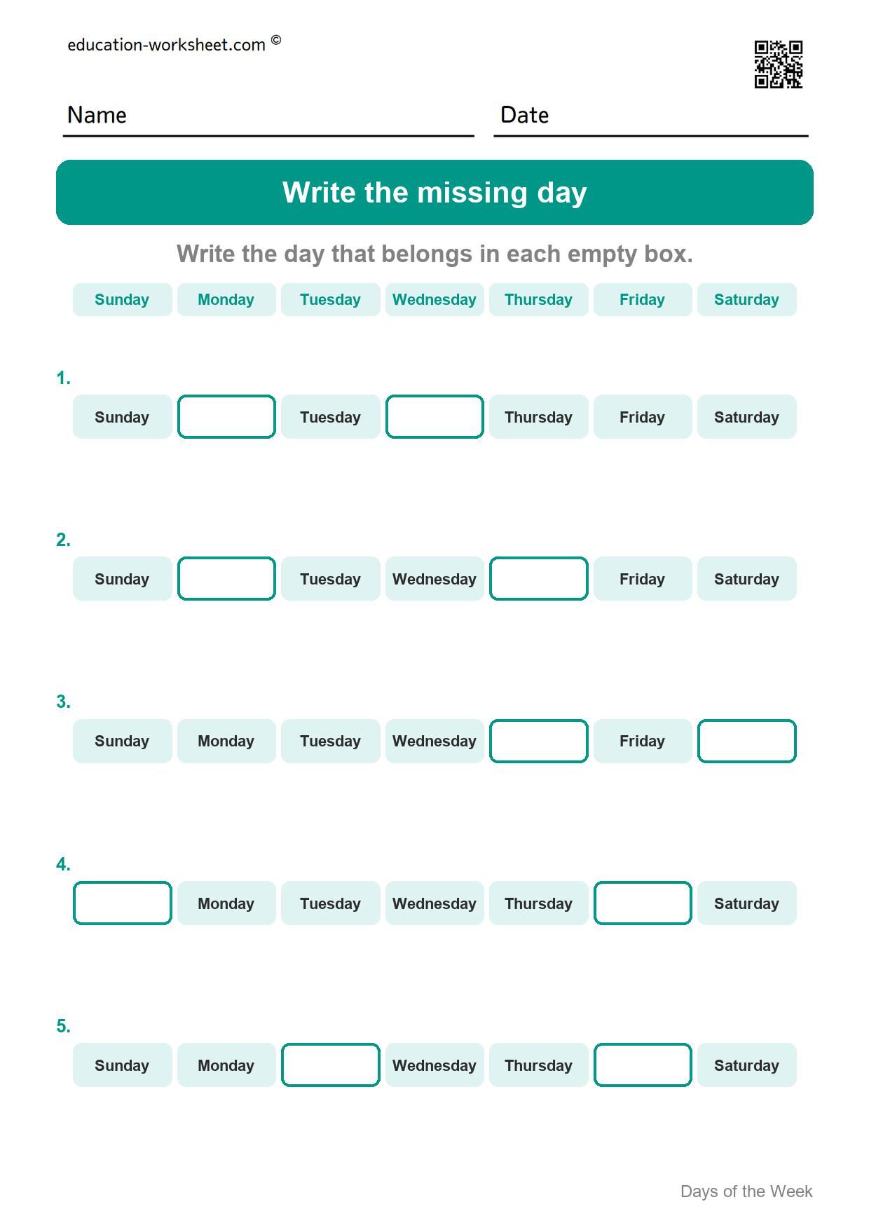 Write the missing day (Set 8) - Free Days of the Week Worksheets for Kindergarten