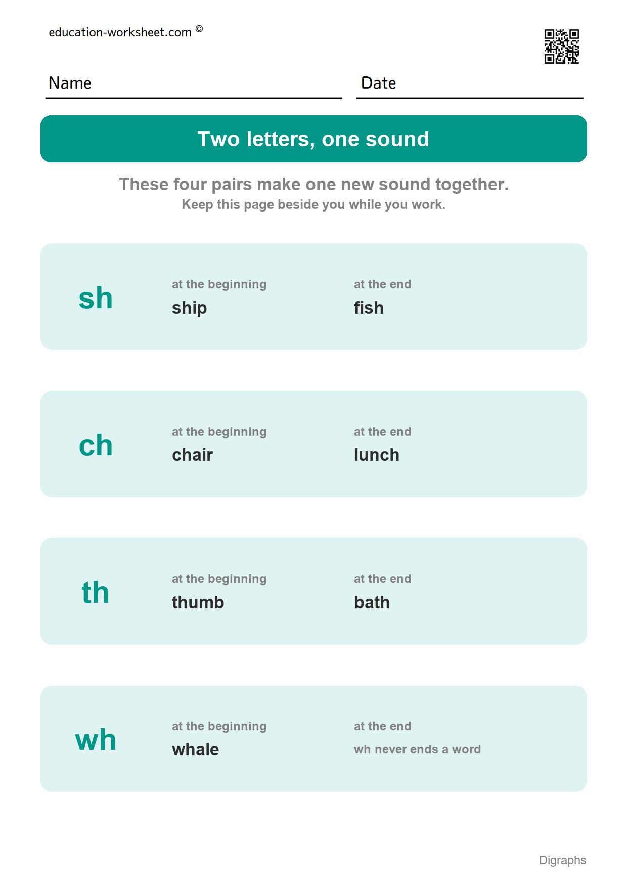 Digraph chart - sh, ch, th and wh - Free Digraph Worksheets for Kindergarten - sh, ch, th and wh
