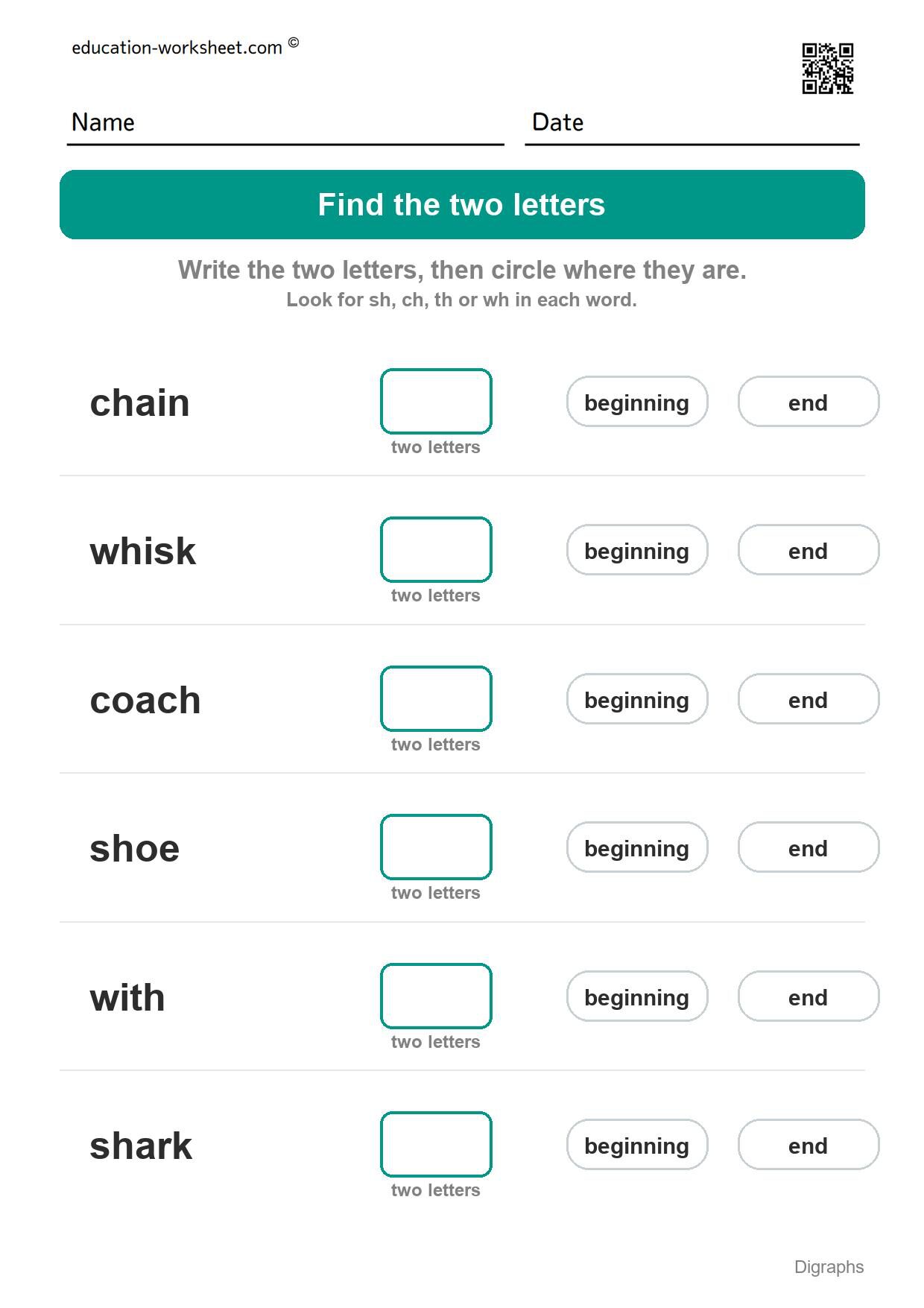 Find the digraph (Set 9) - Free Digraph Worksheets for Kindergarten - sh, ch, th and wh
