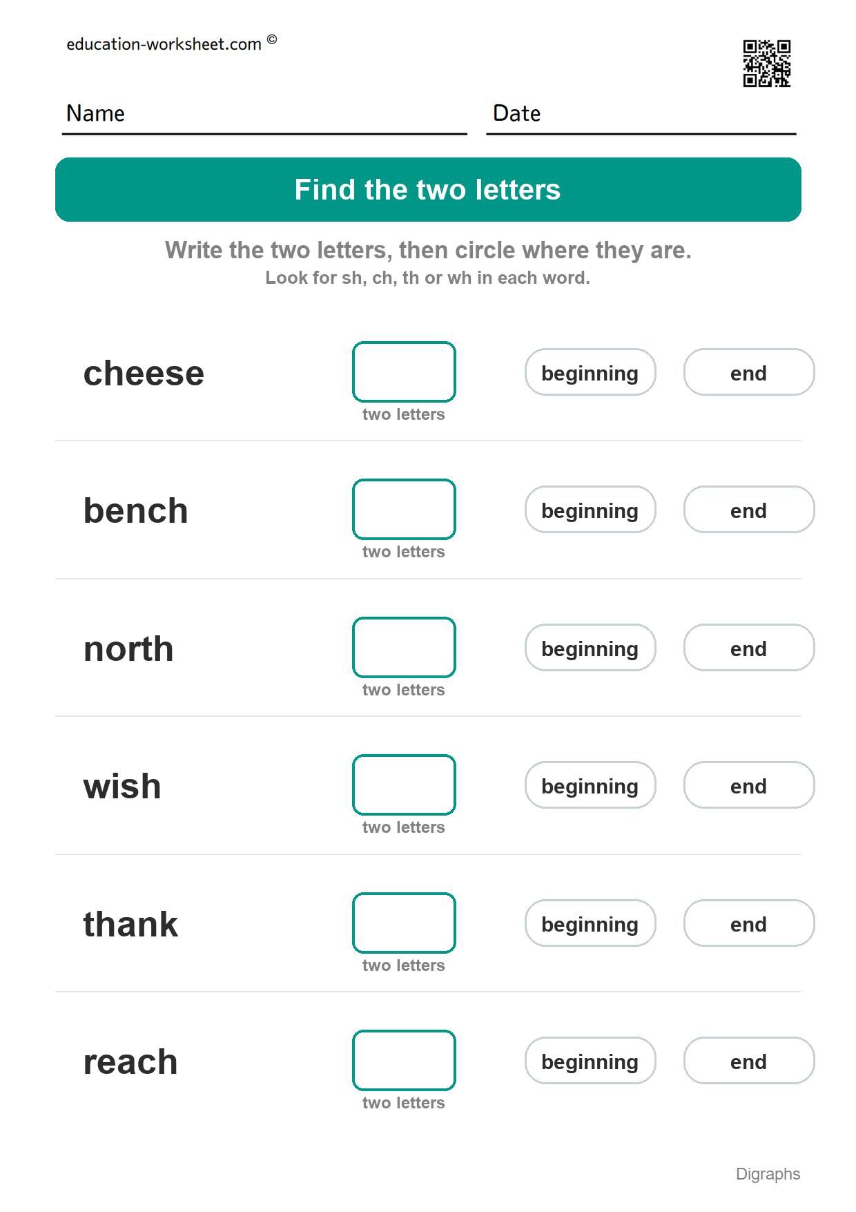 Find the digraph (Set 10) - Free Digraph Worksheets for Kindergarten - sh, ch, th and wh