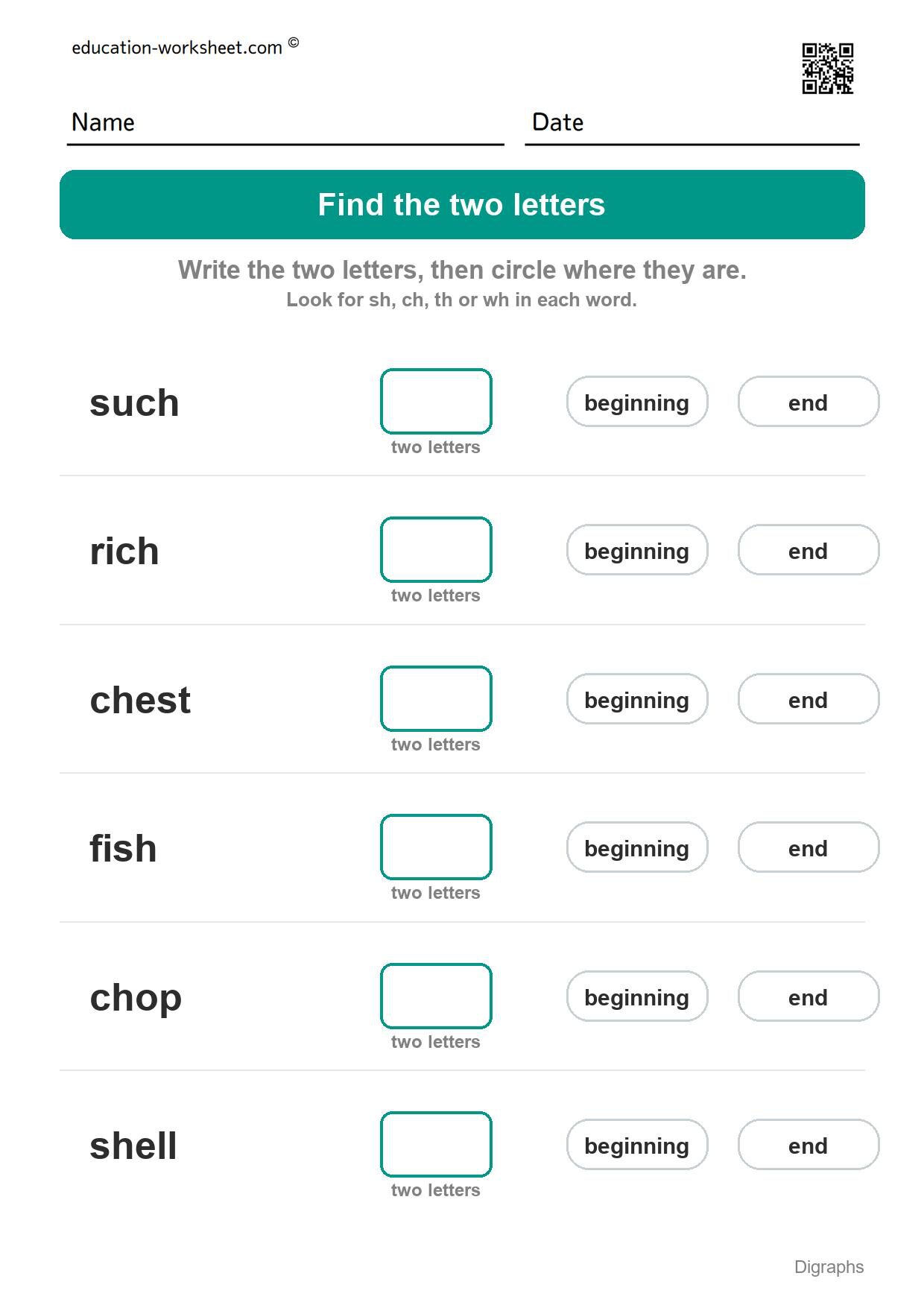 Find the digraph (Set 2) - Free Digraph Worksheets for Kindergarten - sh, ch, th and wh