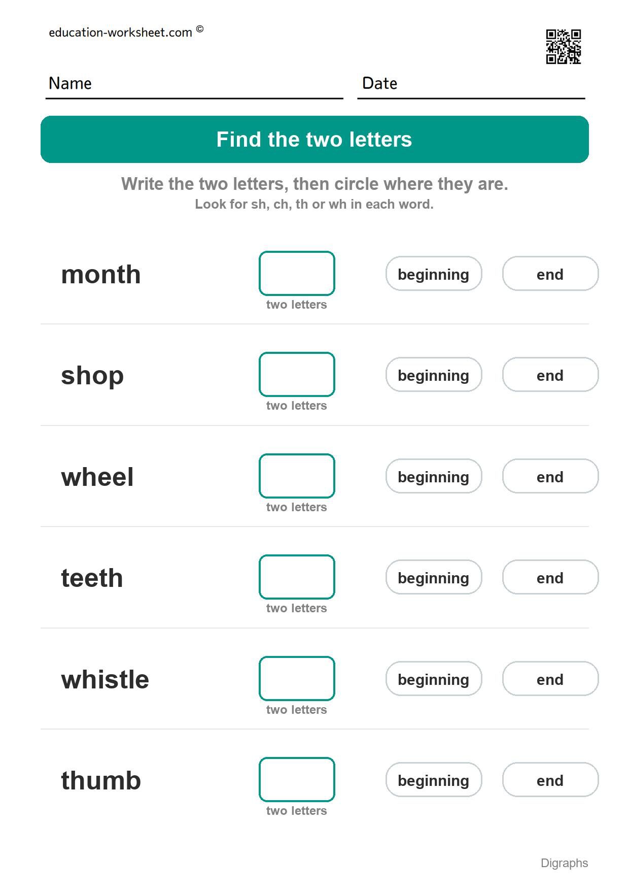 Find the digraph (Set 3) - Free Digraph Worksheets for Kindergarten - sh, ch, th and wh