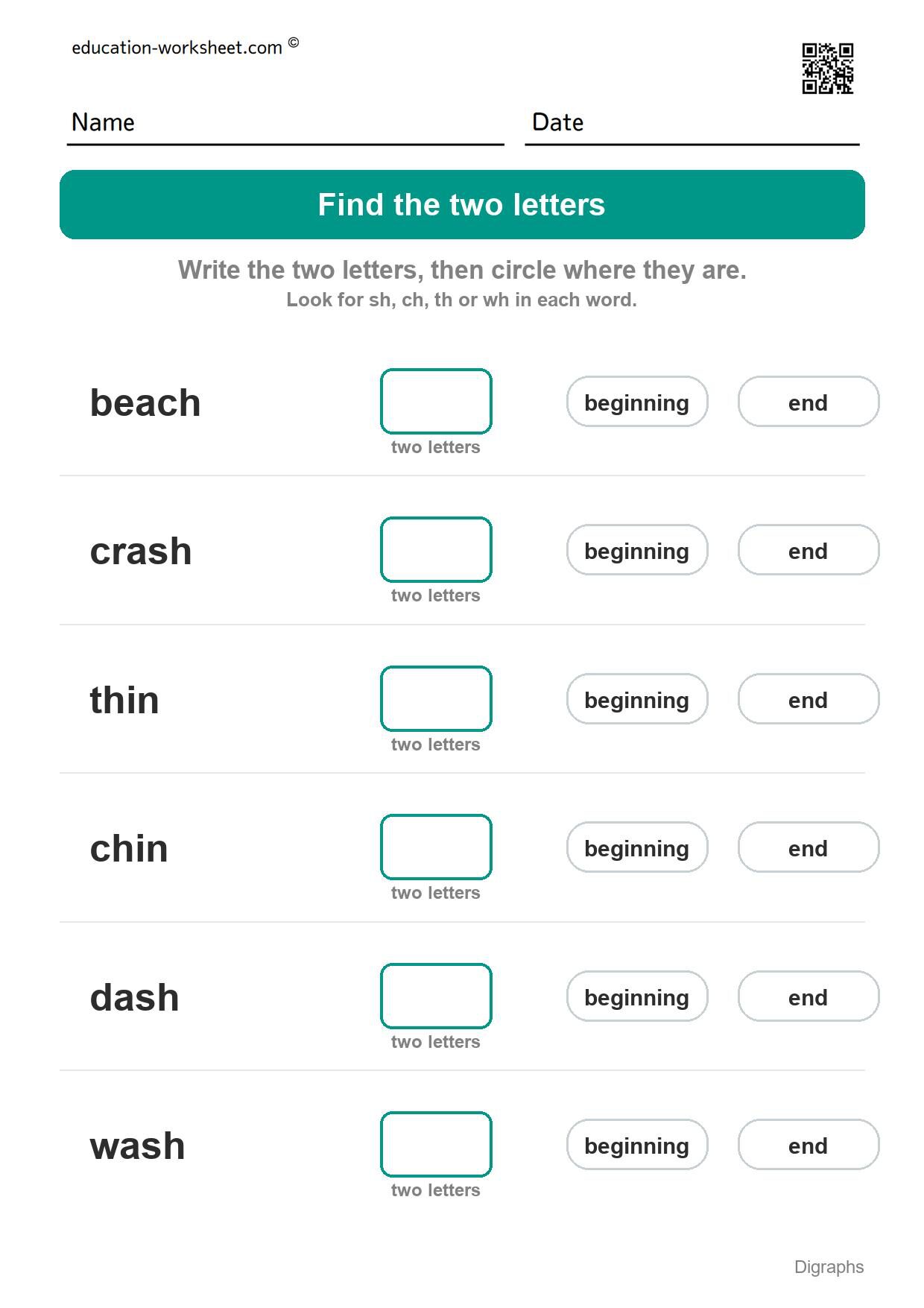Find the digraph (Set 5) - Free Digraph Worksheets for Kindergarten - sh, ch, th and wh