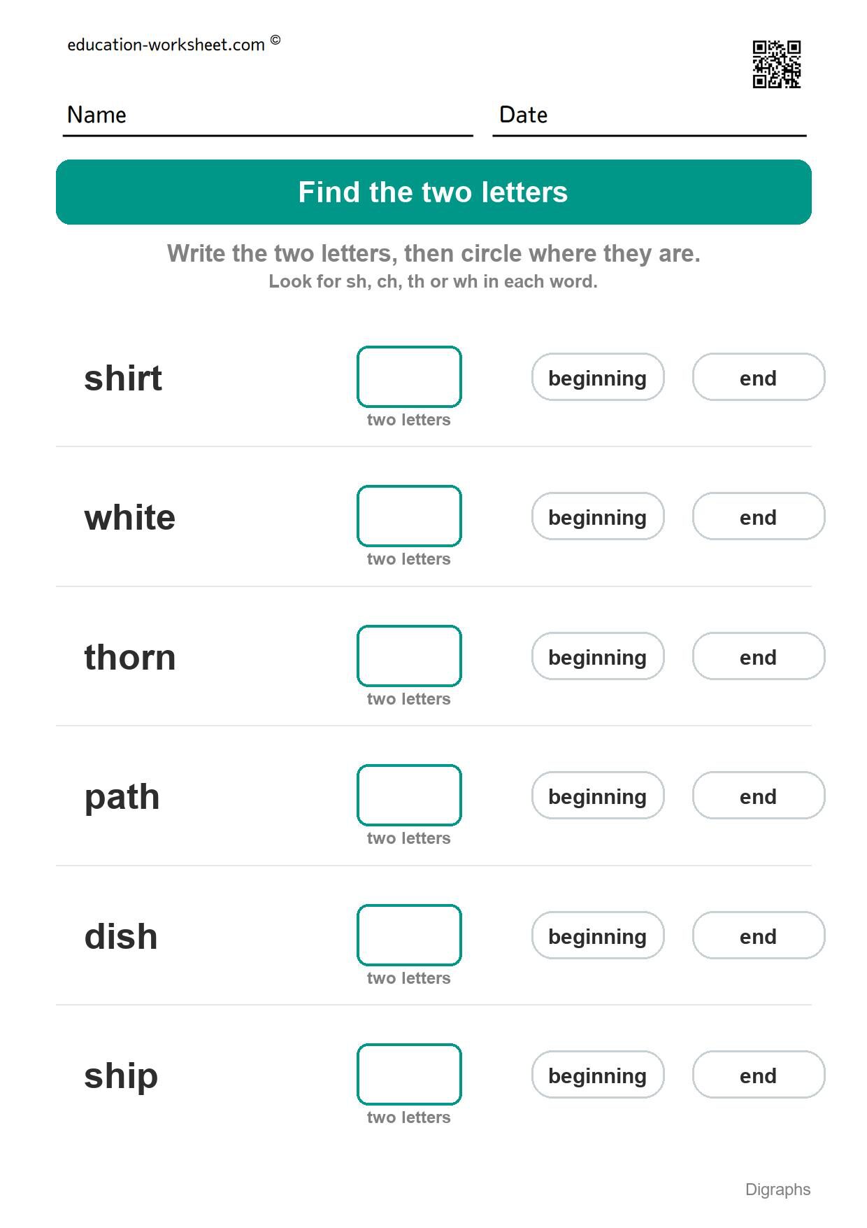 Find the digraph (Set 6) - Free Digraph Worksheets for Kindergarten - sh, ch, th and wh