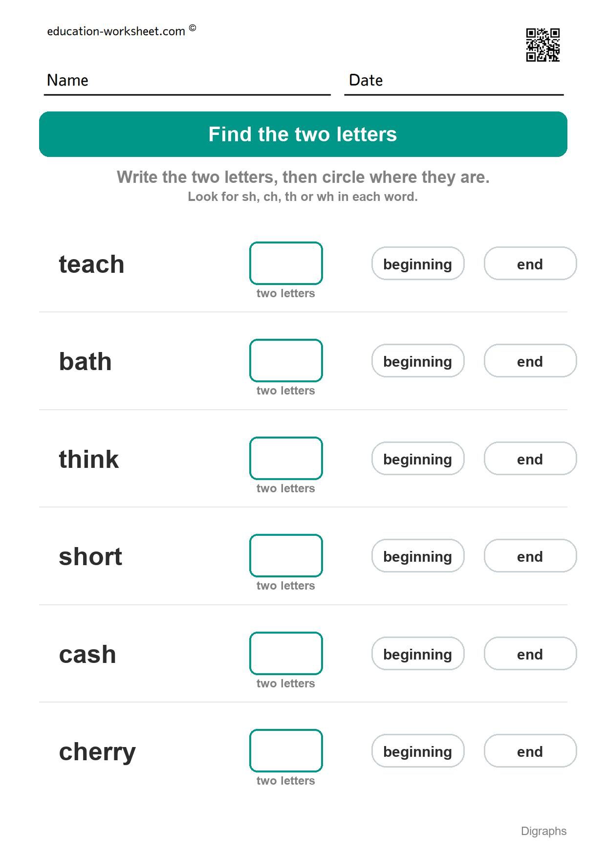 Find the digraph (Set 7) - Free Digraph Worksheets for Kindergarten - sh, ch, th and wh