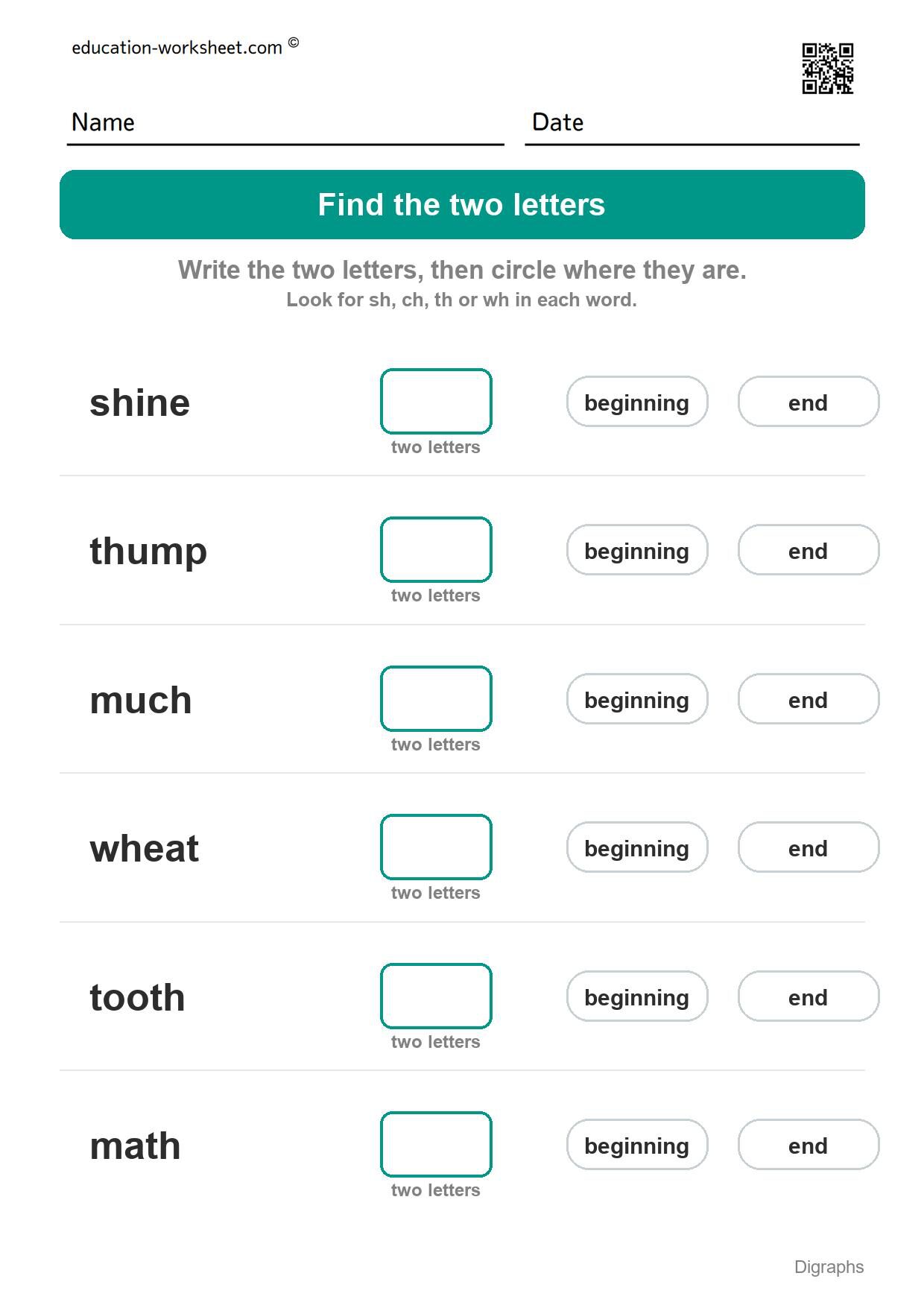 Find the digraph (Set 8) - Free Digraph Worksheets for Kindergarten - sh, ch, th and wh
