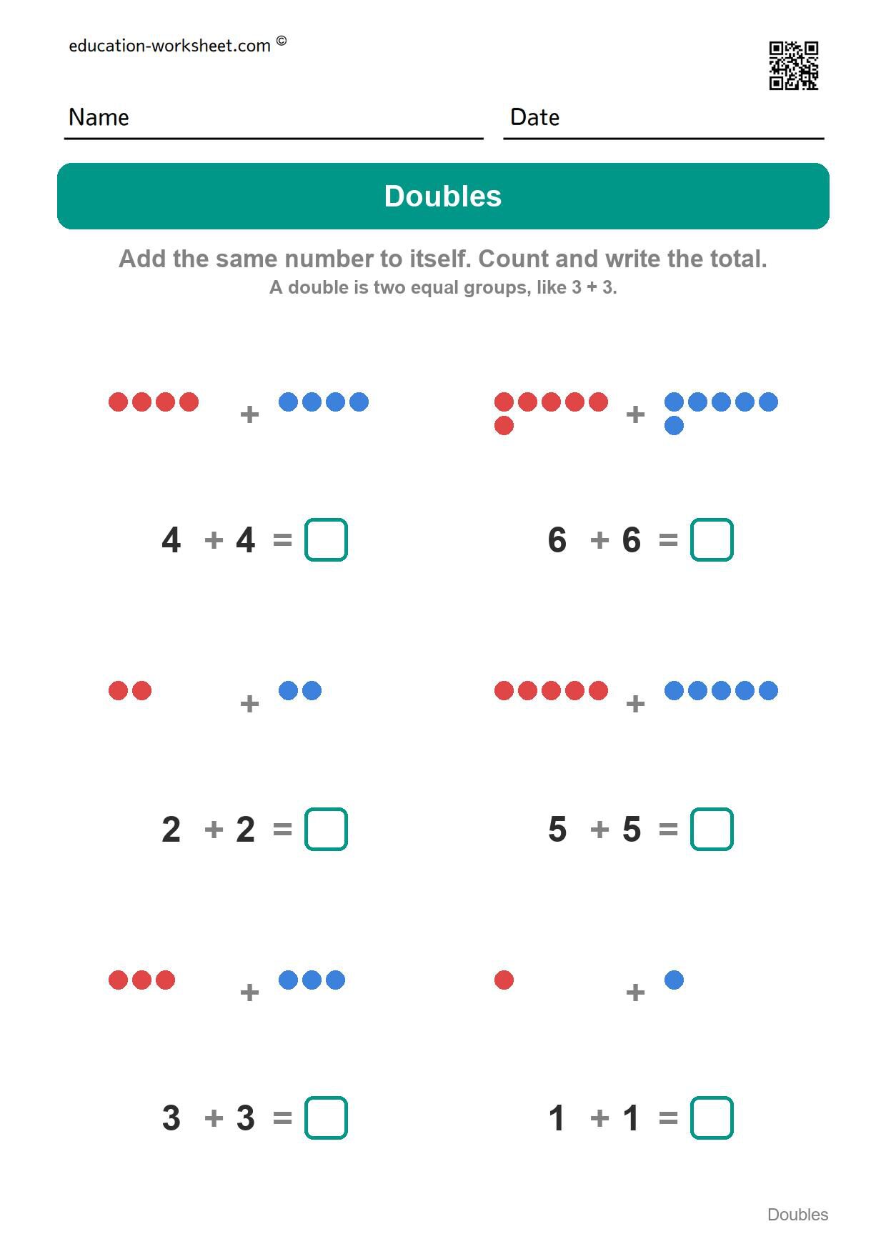 Doubles addition (Set 1) - Free Doubles Worksheets for Kindergarten - Doubles Addition Facts to 20