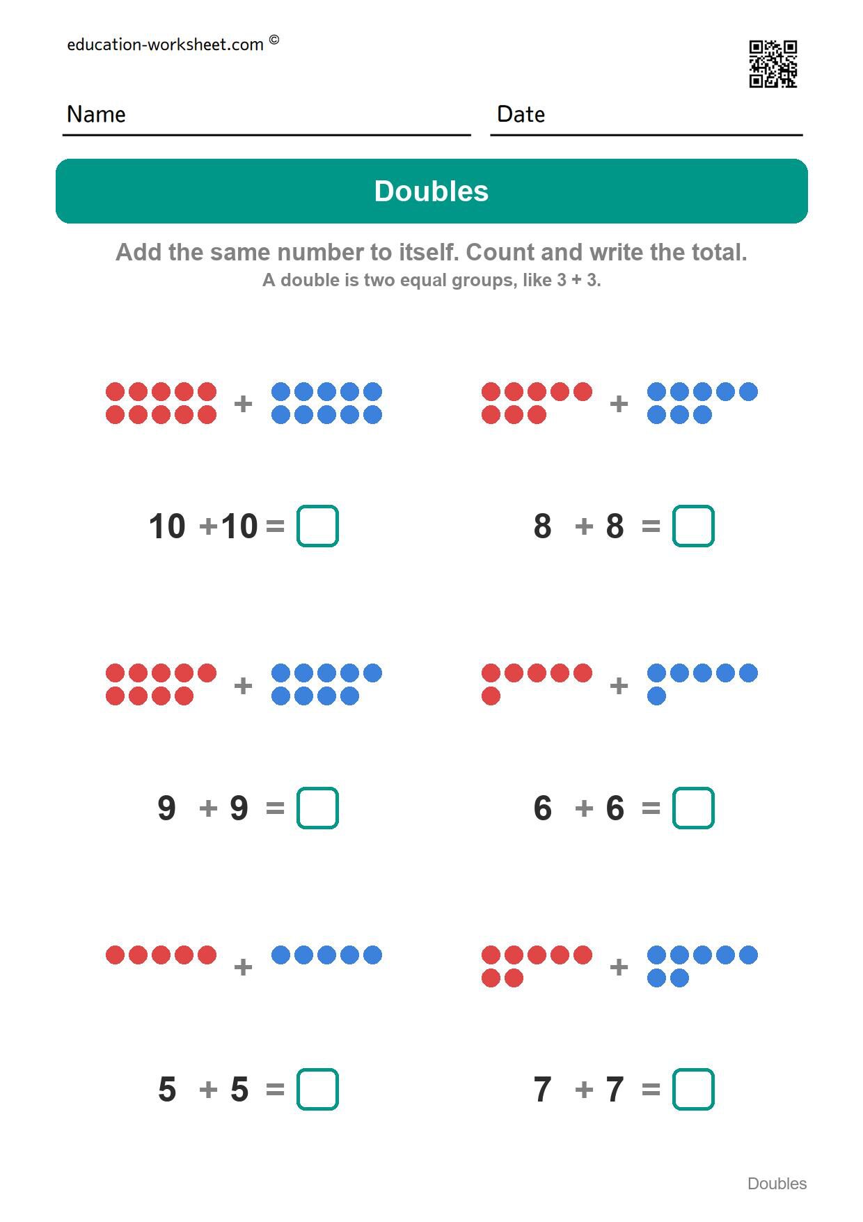Doubles addition (Set 10) - Free Doubles Worksheets for Kindergarten - Doubles Addition Facts to 20