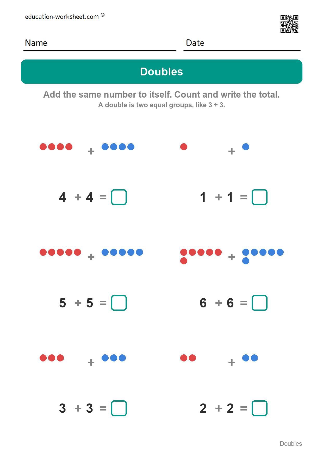 Doubles addition (Set 2) - Free Doubles Worksheets for Kindergarten - Doubles Addition Facts to 20