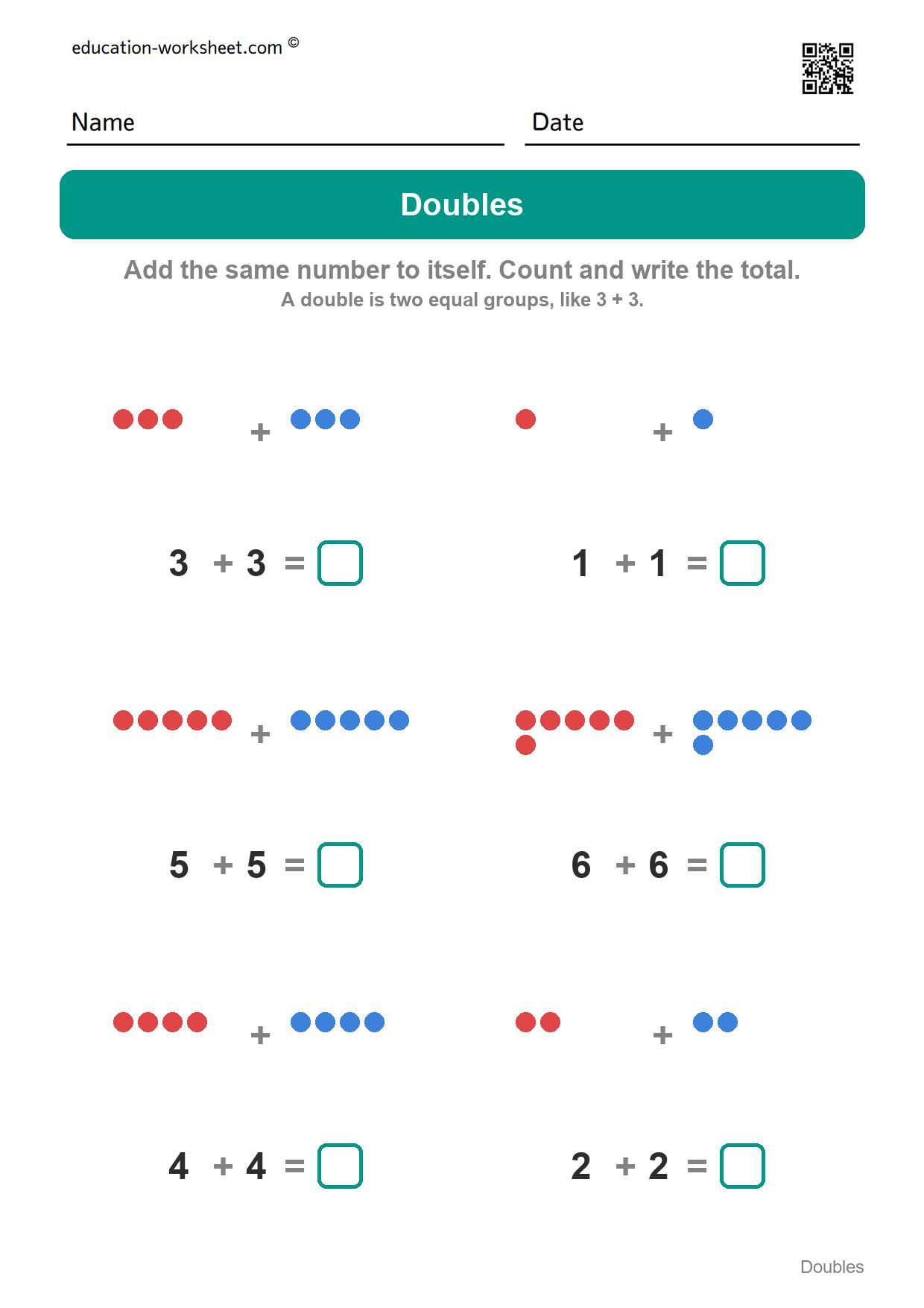 Doubles addition (Set 3) - Free Doubles Worksheets for Kindergarten - Doubles Addition Facts to 20