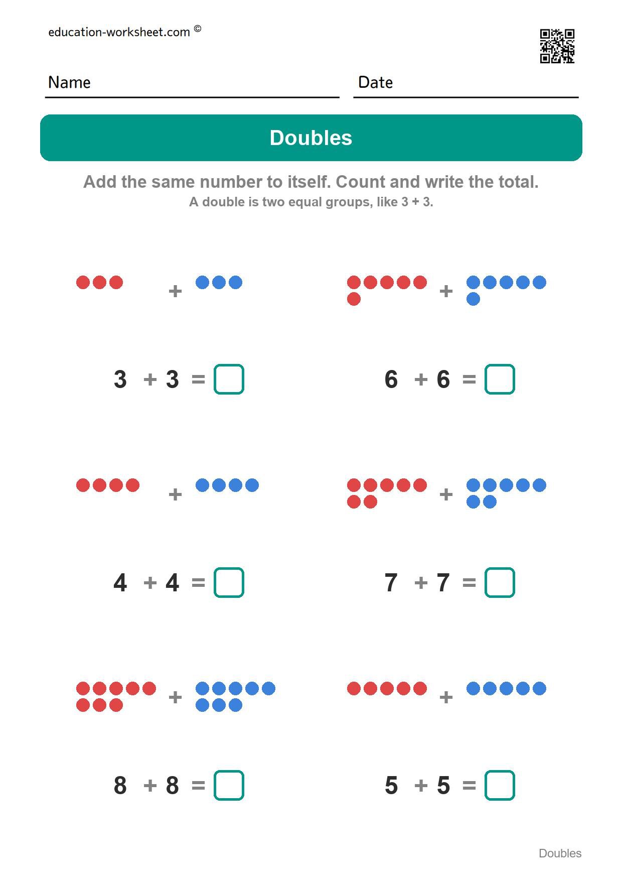 Doubles addition (Set 4) - Free Doubles Worksheets for Kindergarten - Doubles Addition Facts to 20