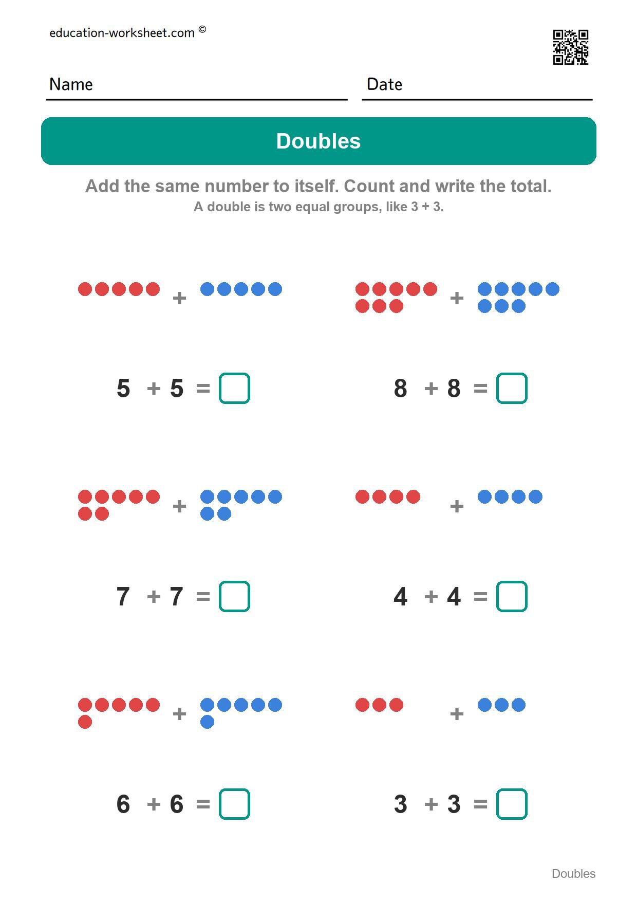 Doubles addition (Set 5) - Free Doubles Worksheets for Kindergarten - Doubles Addition Facts to 20