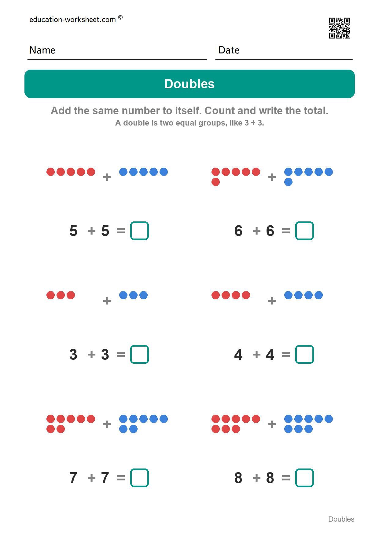 Doubles addition (Set 6) - Free Doubles Worksheets for Kindergarten - Doubles Addition Facts to 20