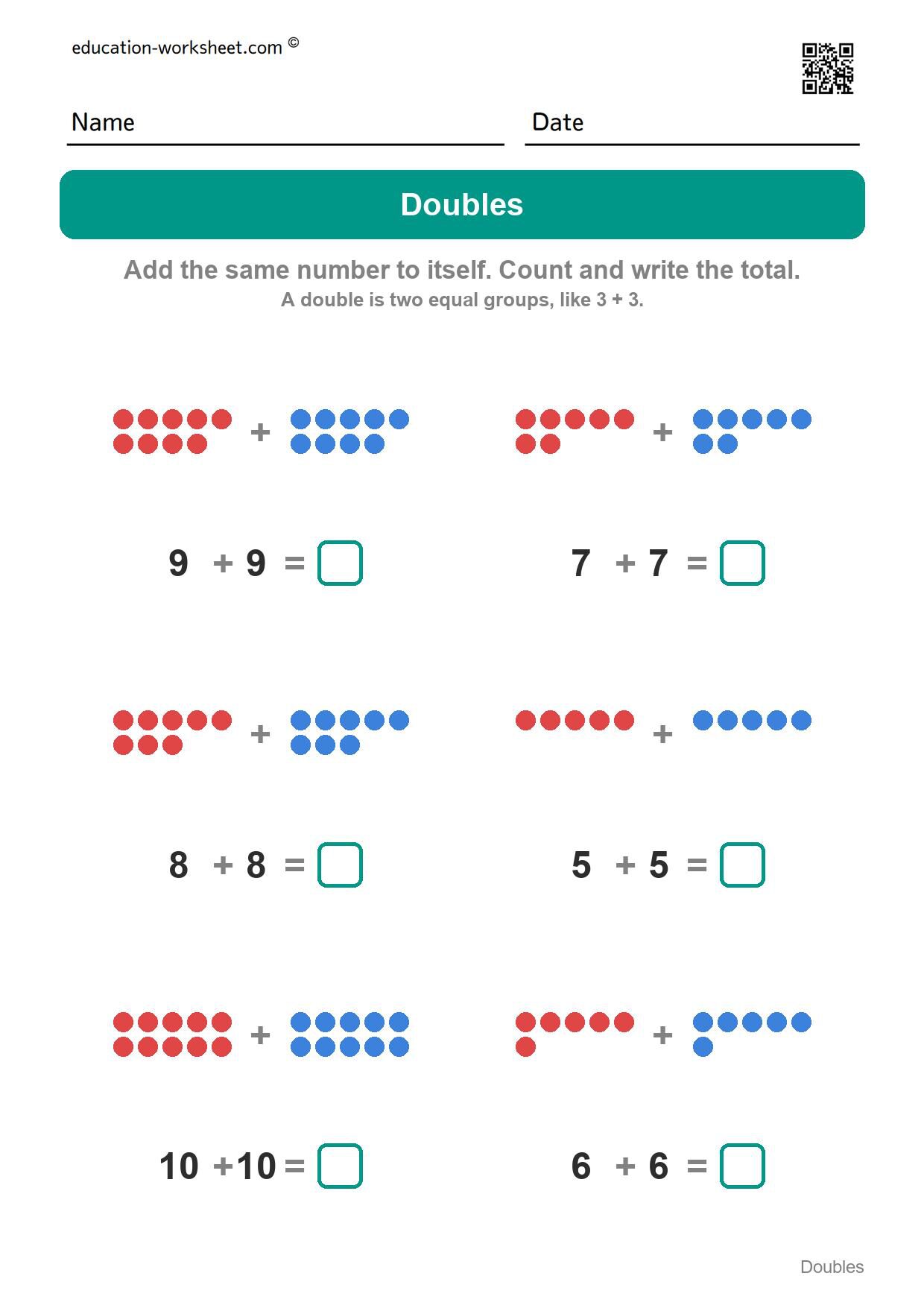 Doubles addition (Set 7) - Free Doubles Worksheets for Kindergarten - Doubles Addition Facts to 20
