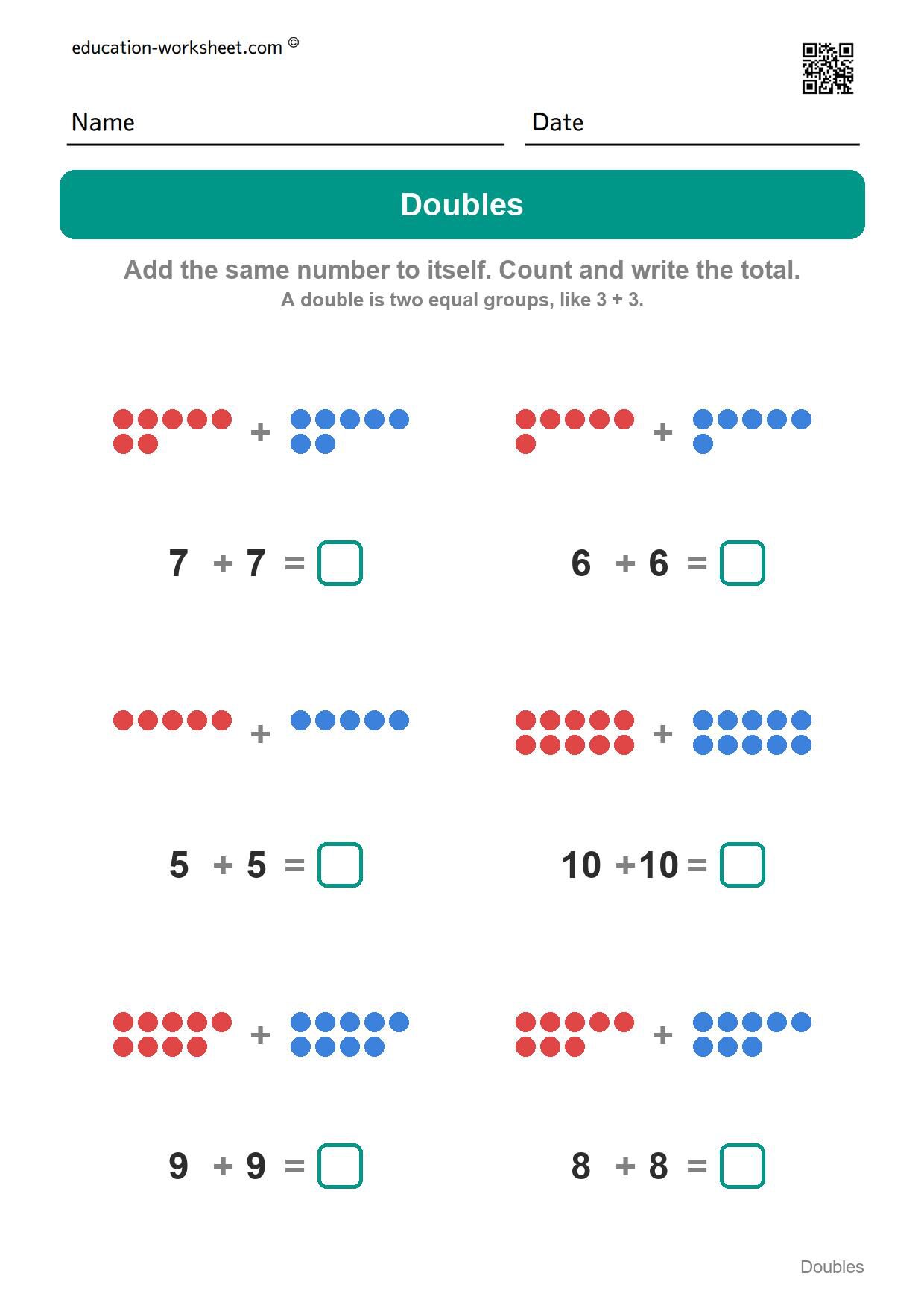 Doubles addition (Set 8) - Free Doubles Worksheets for Kindergarten - Doubles Addition Facts to 20