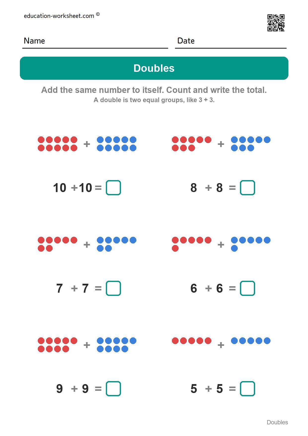 Doubles addition (Set 9) - Free Doubles Worksheets for Kindergarten - Doubles Addition Facts to 20