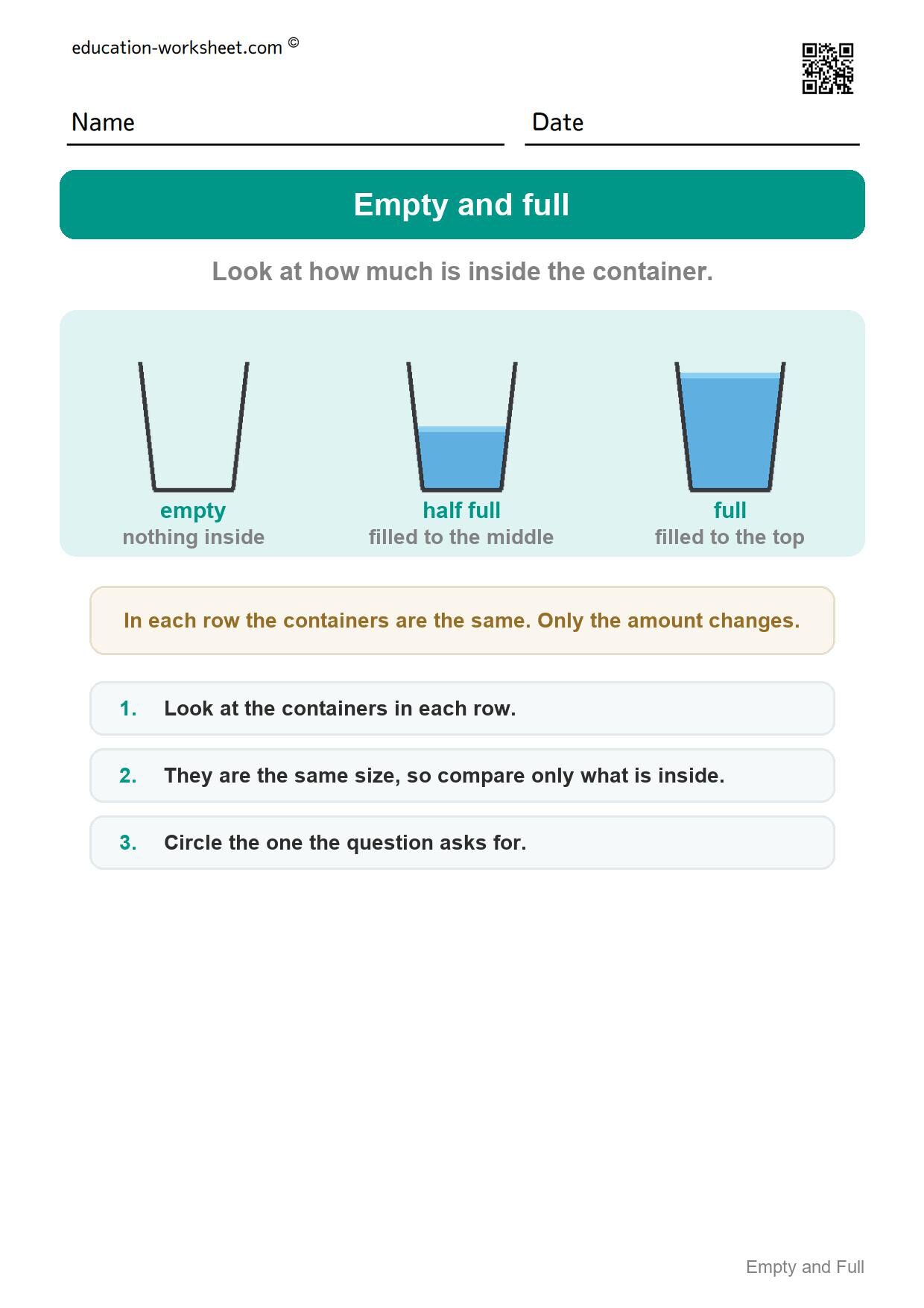 How to use this worksheet - Free Empty and Full Worksheets for Kindergarten - Compare Amounts