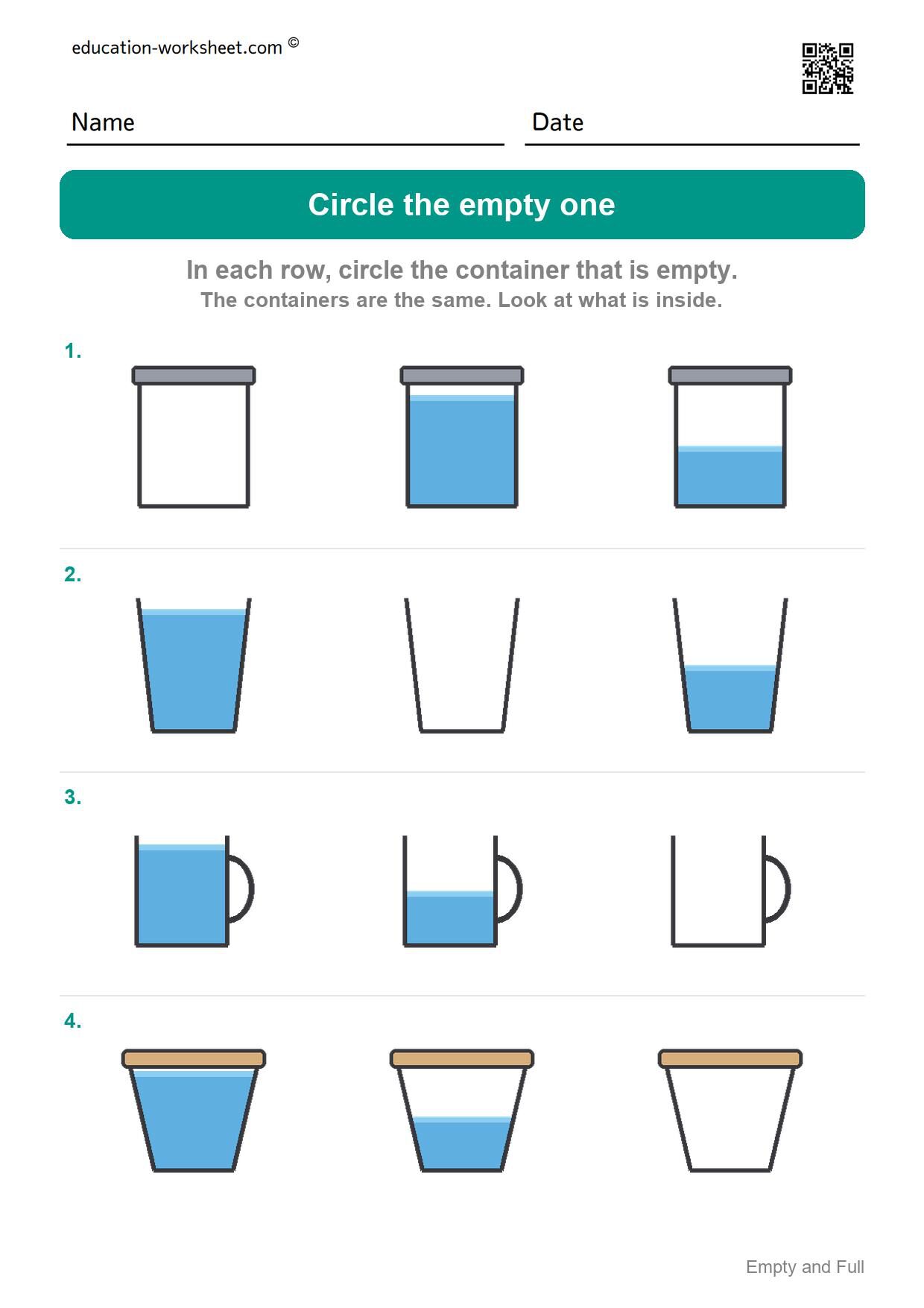 Circle the empty one (Set 9) - Free Empty and Full Worksheets for Kindergarten - Compare Amounts