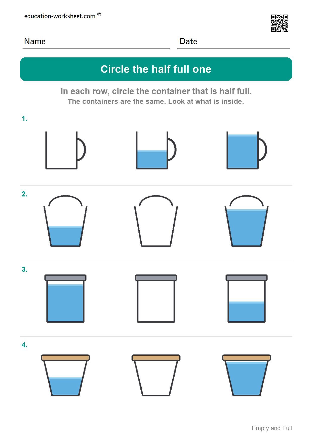 Circle the half full one (Set 10) - Free Empty and Full Worksheets for Kindergarten - Compare Amounts