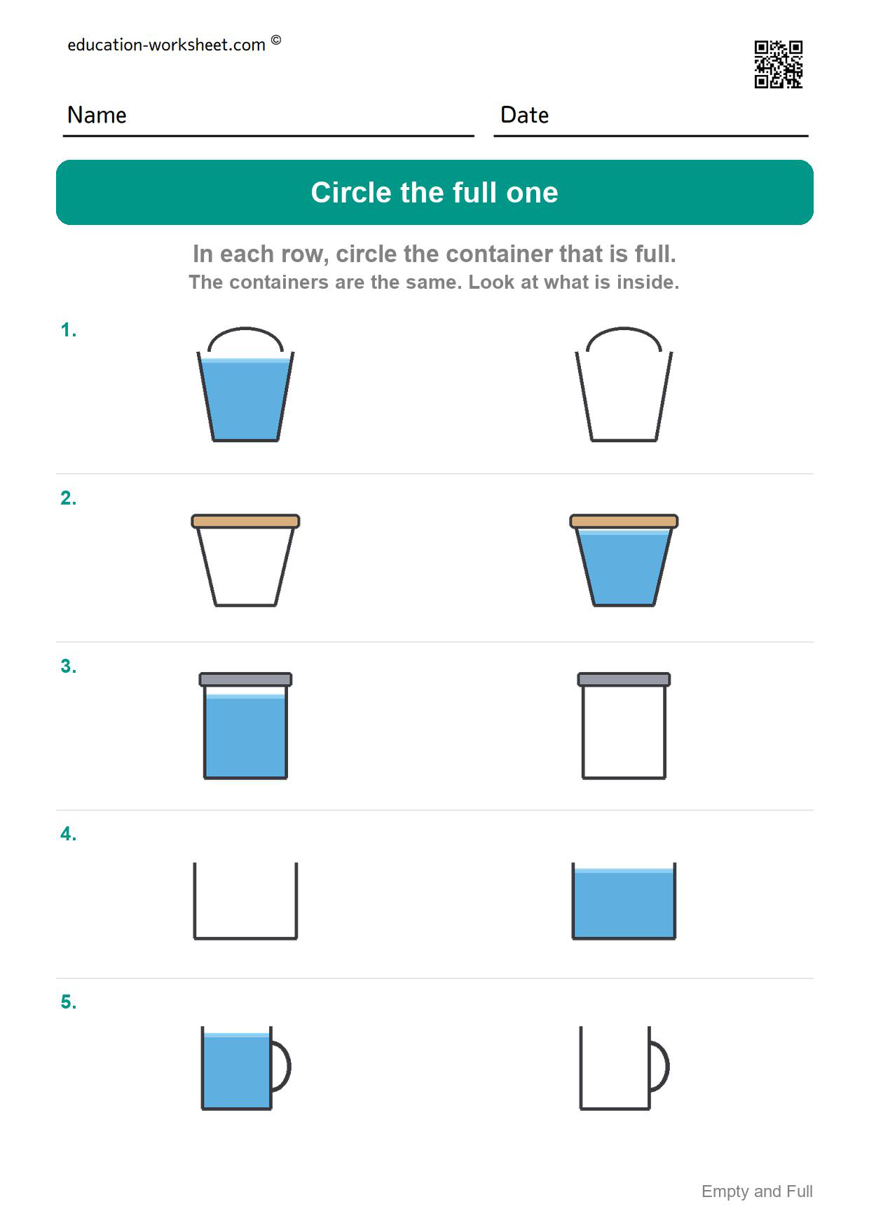 Circle the full one (Set 1) - Free Empty and Full Worksheets for Kindergarten - Compare Amounts