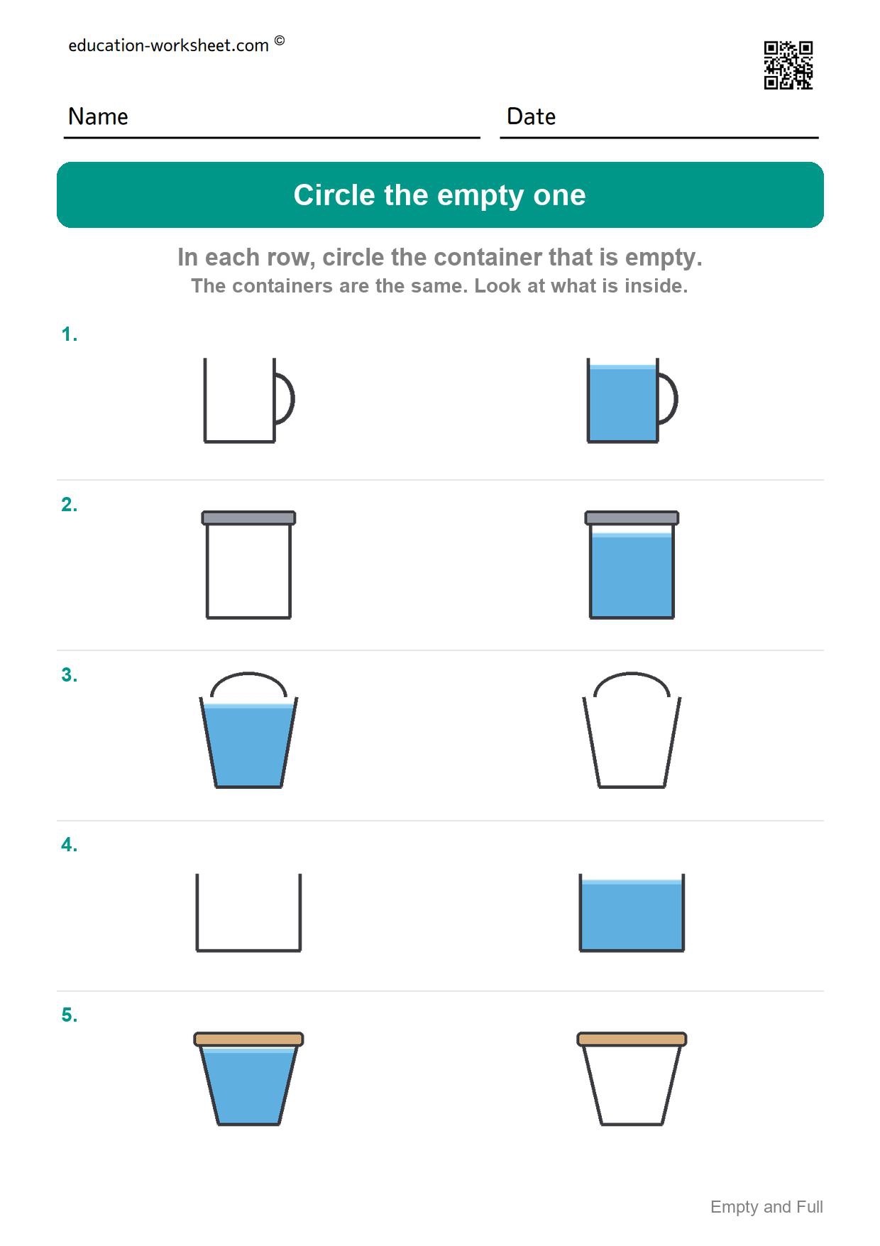 Circle the empty one (Set 2) - Free Empty and Full Worksheets for Kindergarten - Compare Amounts