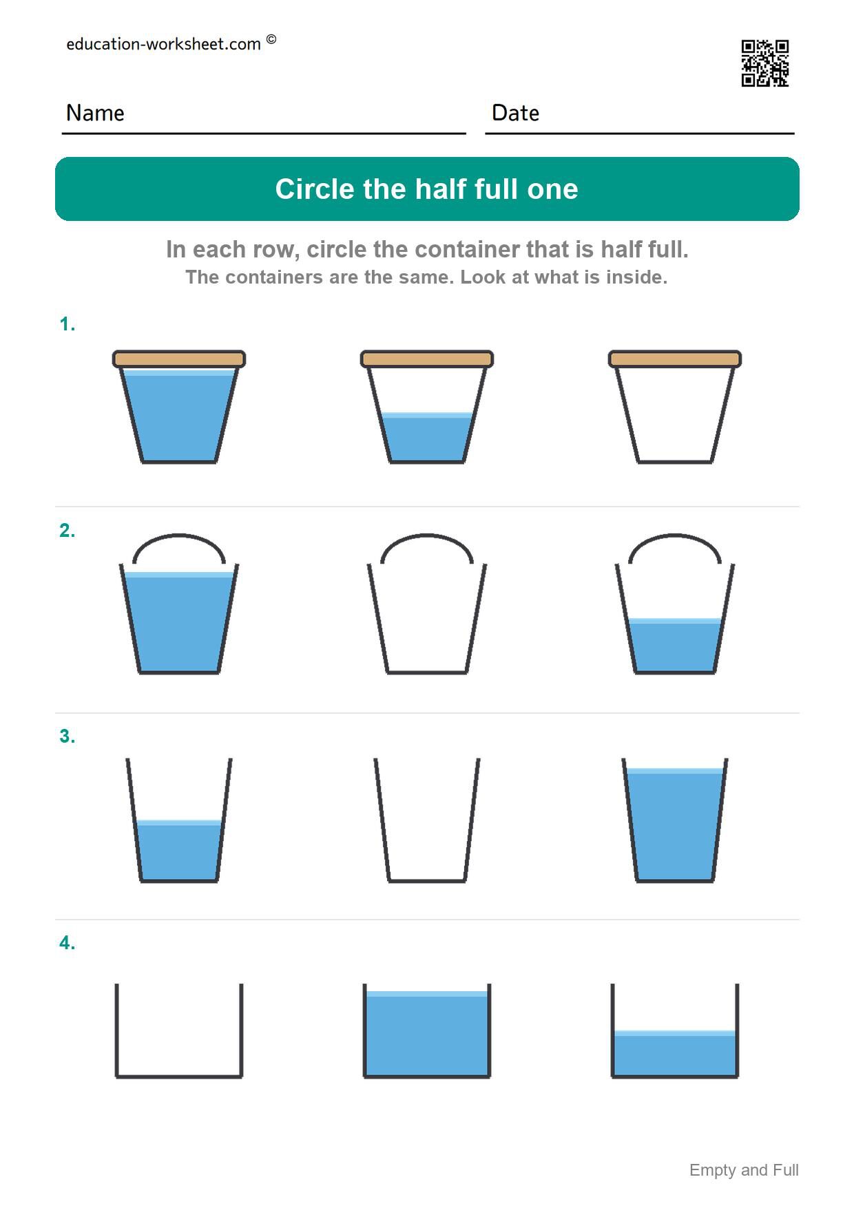 Circle the half full one (Set 3) - Free Empty and Full Worksheets for Kindergarten - Compare Amounts