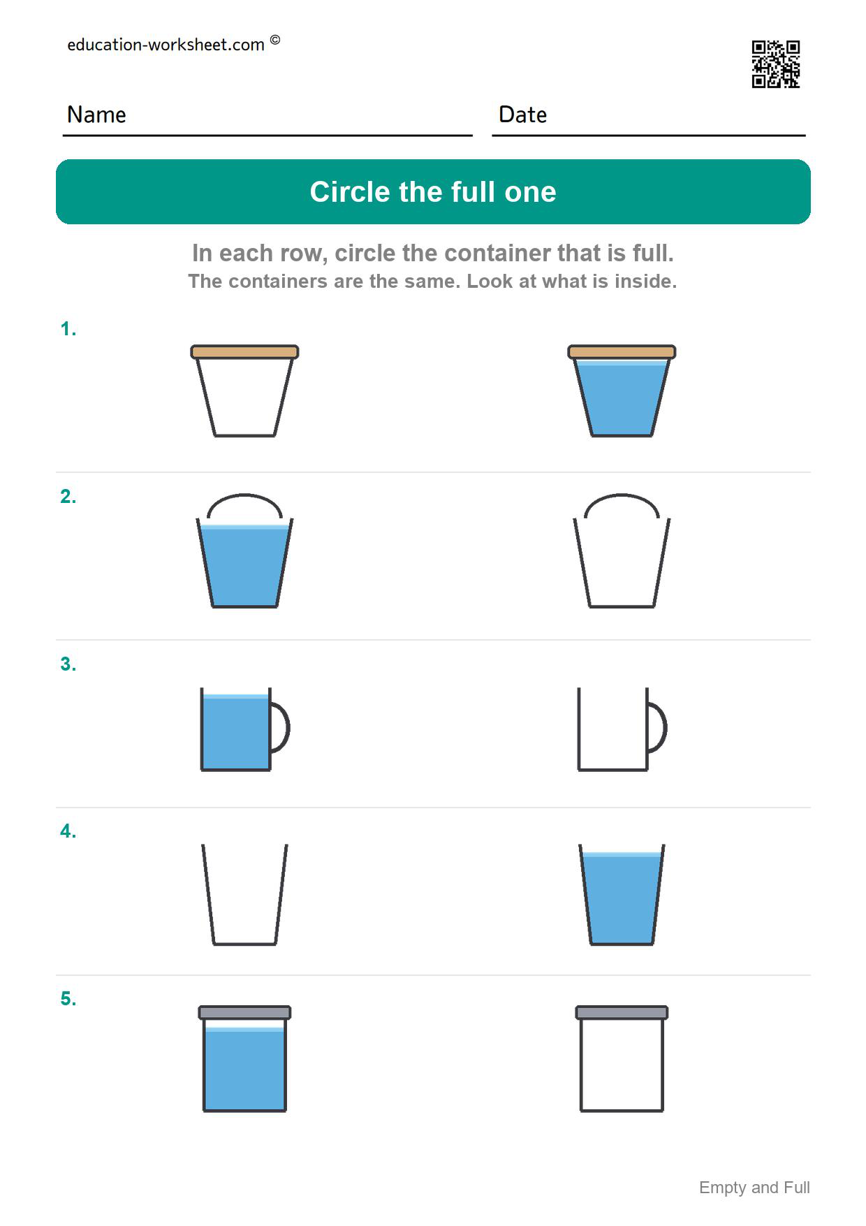 Circle the full one (Set 4) - Free Empty and Full Worksheets for Kindergarten - Compare Amounts