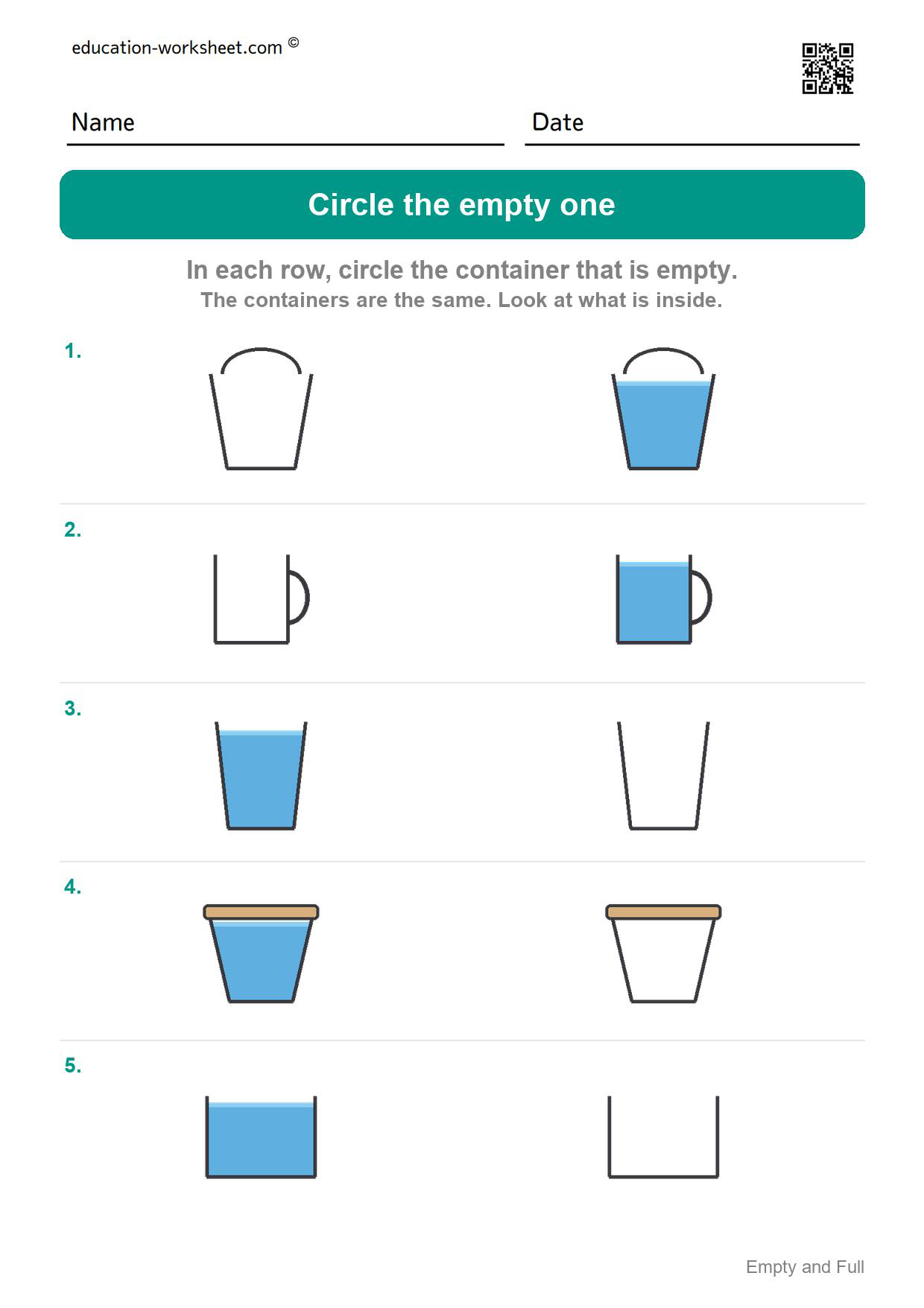 Circle the empty one (Set 5) - Free Empty and Full Worksheets for Kindergarten - Compare Amounts